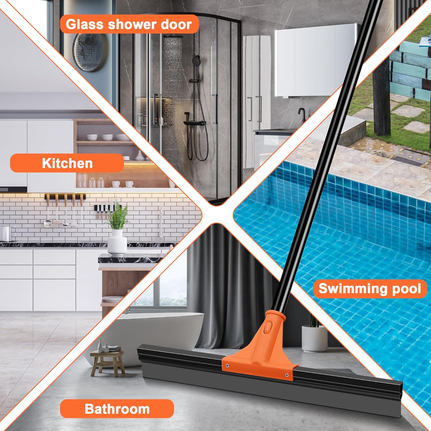 JEHONN Floor Squeegee Heavy Duty with 148 Cm Long Handle, Rubber Scraper Broom for Wet Room Garage Concrete Bathroom Tile Marble Shower Glass Shop Deck Window Indoor Outdoor image number 3
