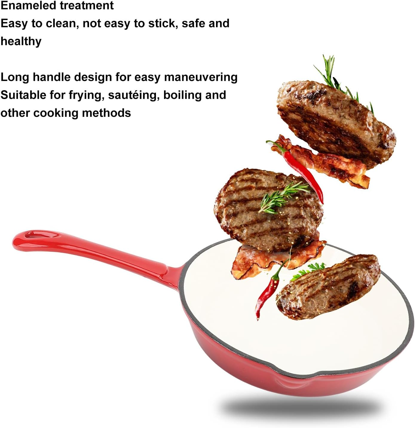 Enameled Cast Iron round Skillet, Nonstick Enameled Frying Pan with Long Handle, Frying Egg Omeltte Pan Skillet Grill Cookware for Camping Cooking Grilling (25Cm) image number 2