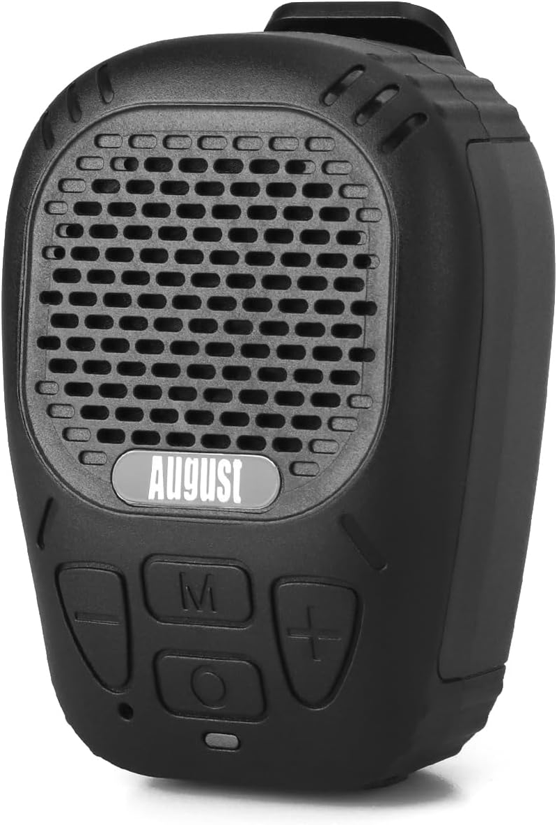 August MS550 Portable Bluetooth 5.3 Clip-On Speaker with Magnet and Microphone - 30 Hour Battery, IP56 Waterproof, Hands Free Calling, Micro SD for MP3 - Outdoor Speaker for Cycling, Hiking, Camping