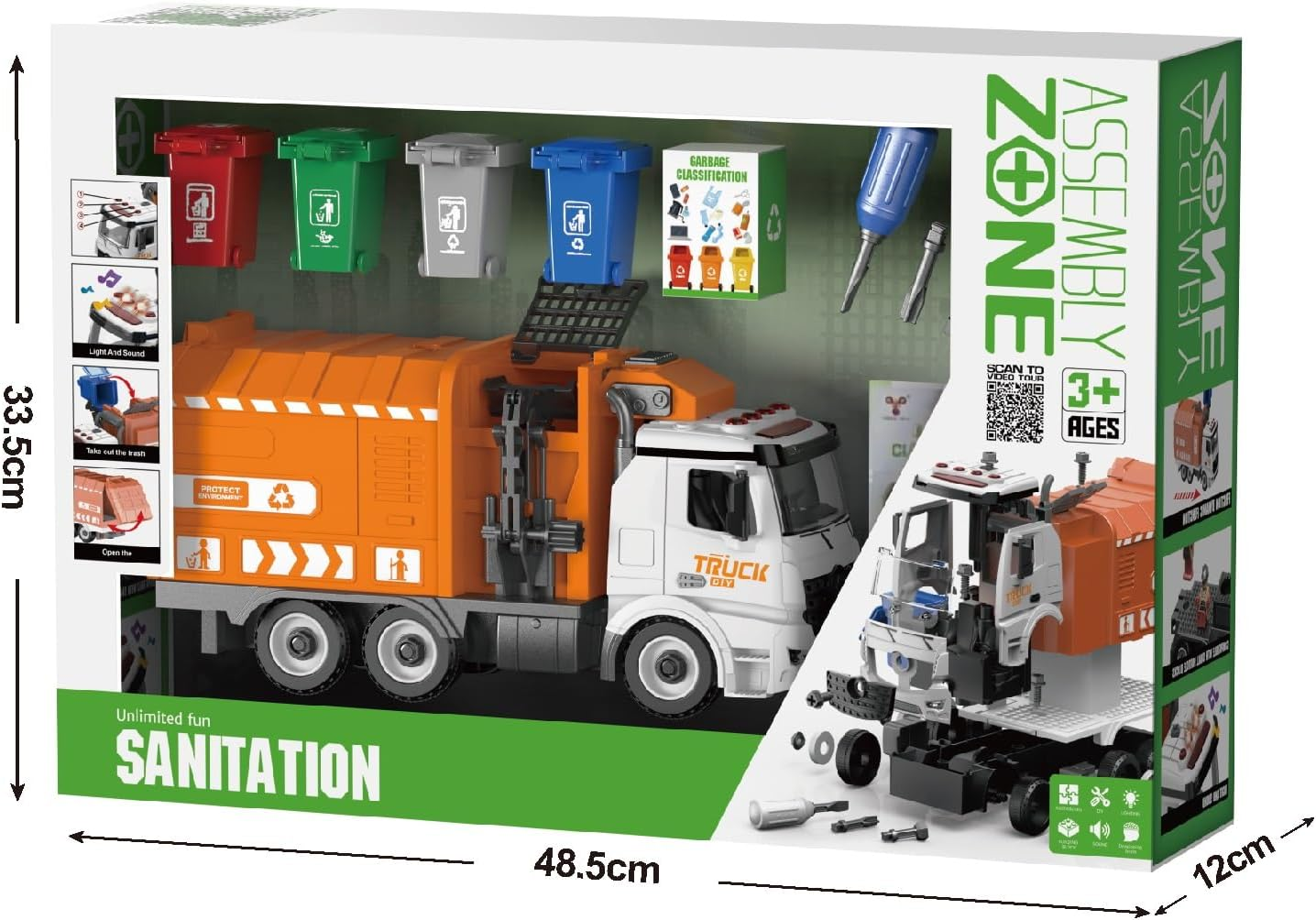 Toy Bin Truck Recycling Garbage Bins Inertia Friction Power DIY Truck Building Automatic Lifting Sound Lights with 4 Coloured Bins image number 4