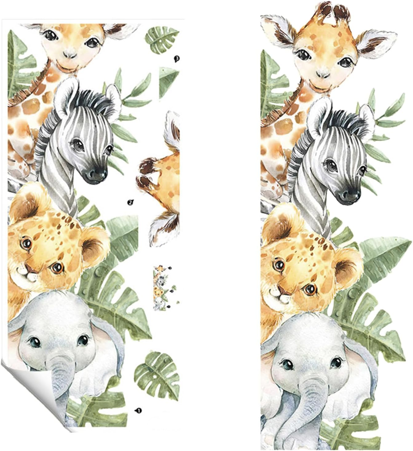 Jungle Animal Wall Stickers Wall Decals Cartoon Animal Giraffe Elephant Zebra Lion Safari Green Leaves Wall Decals for Kids Baby Nursery Bedroom Kindergarten Playroom image number 4
