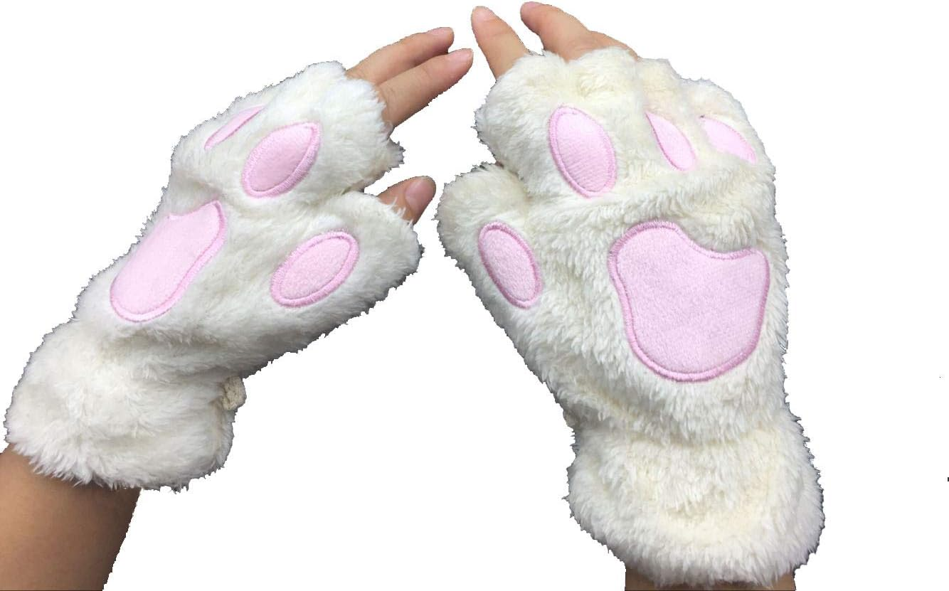 Himine Cat Claw Bear Paw Fingerless Winter Plush Gloves 1*Pair - Black image number 5