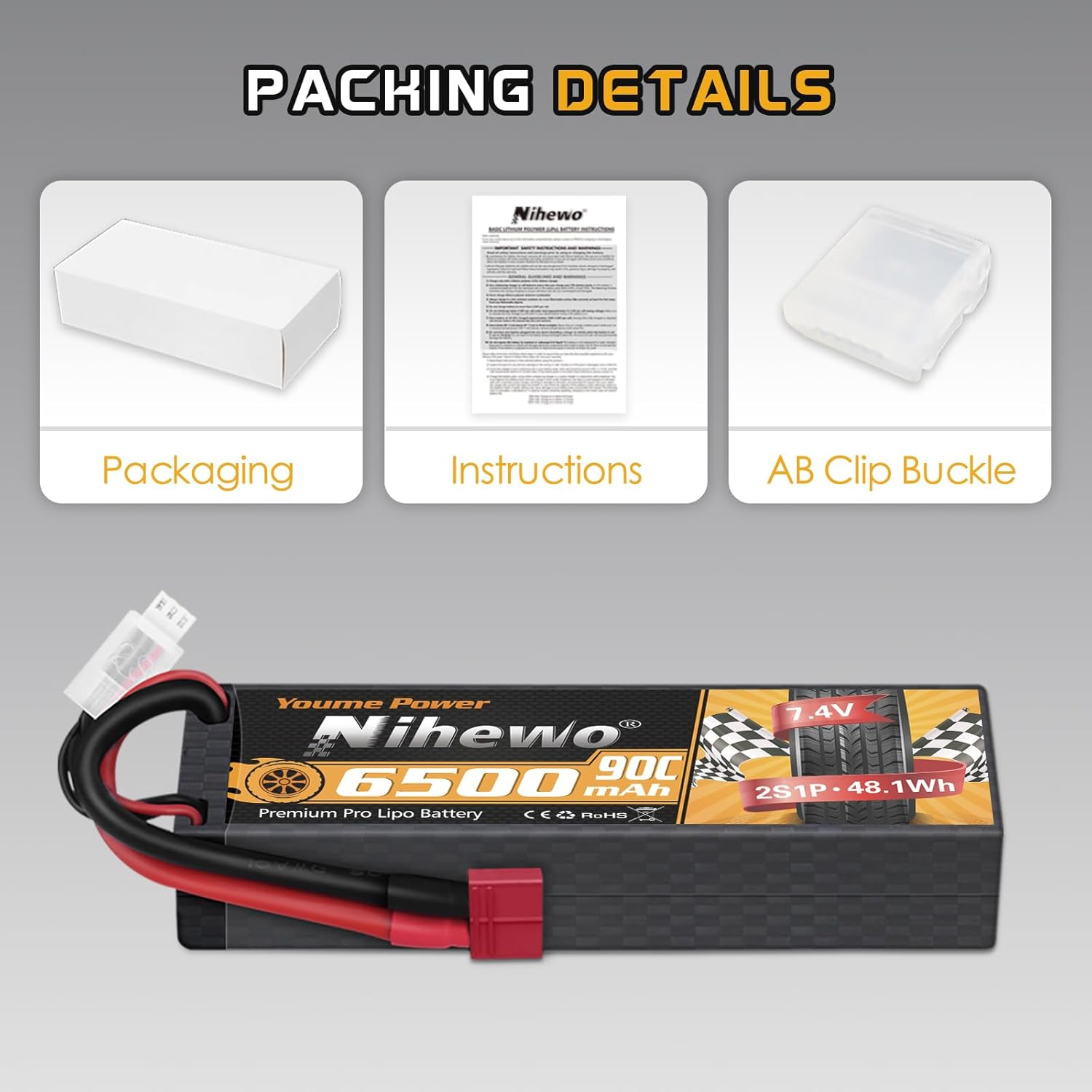 2S Lipo Battery 2Packs 7.4V RC Lipo Battery Pack 6500Mah 90C Hard Case with Deans T Plug Compatible with 1/8 and 1/10 RC Truck Vehicles Car Truggy Buggy Racing Models image number 1