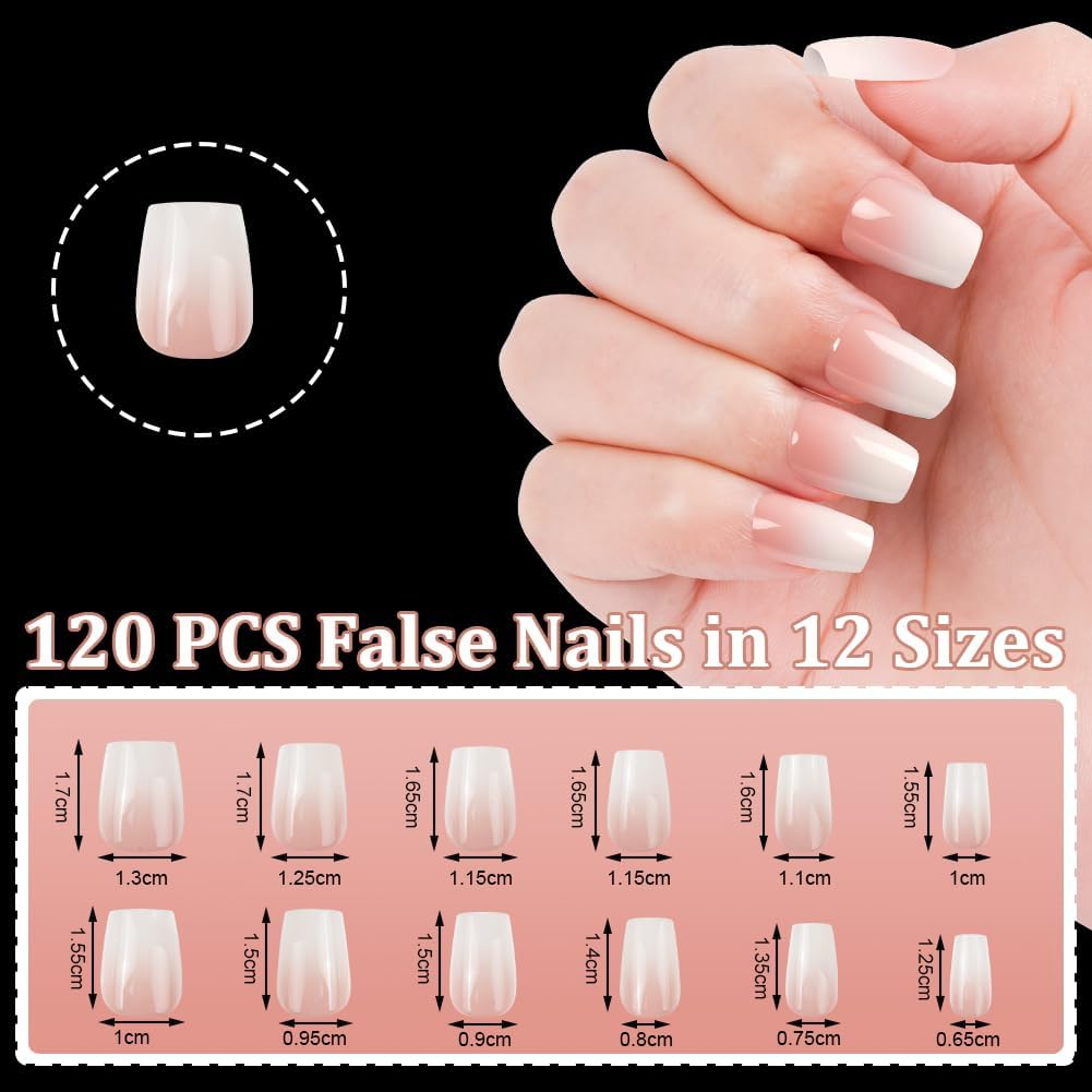 BUTBU Pack of 120 False Nails Tips Set, French False Nails for Gluing, 12 Sizes, French Press on Nail Set, Fake Nails with Glue for Women and Women (Colour Gradient Short Coffin Nail Tips) image number 6