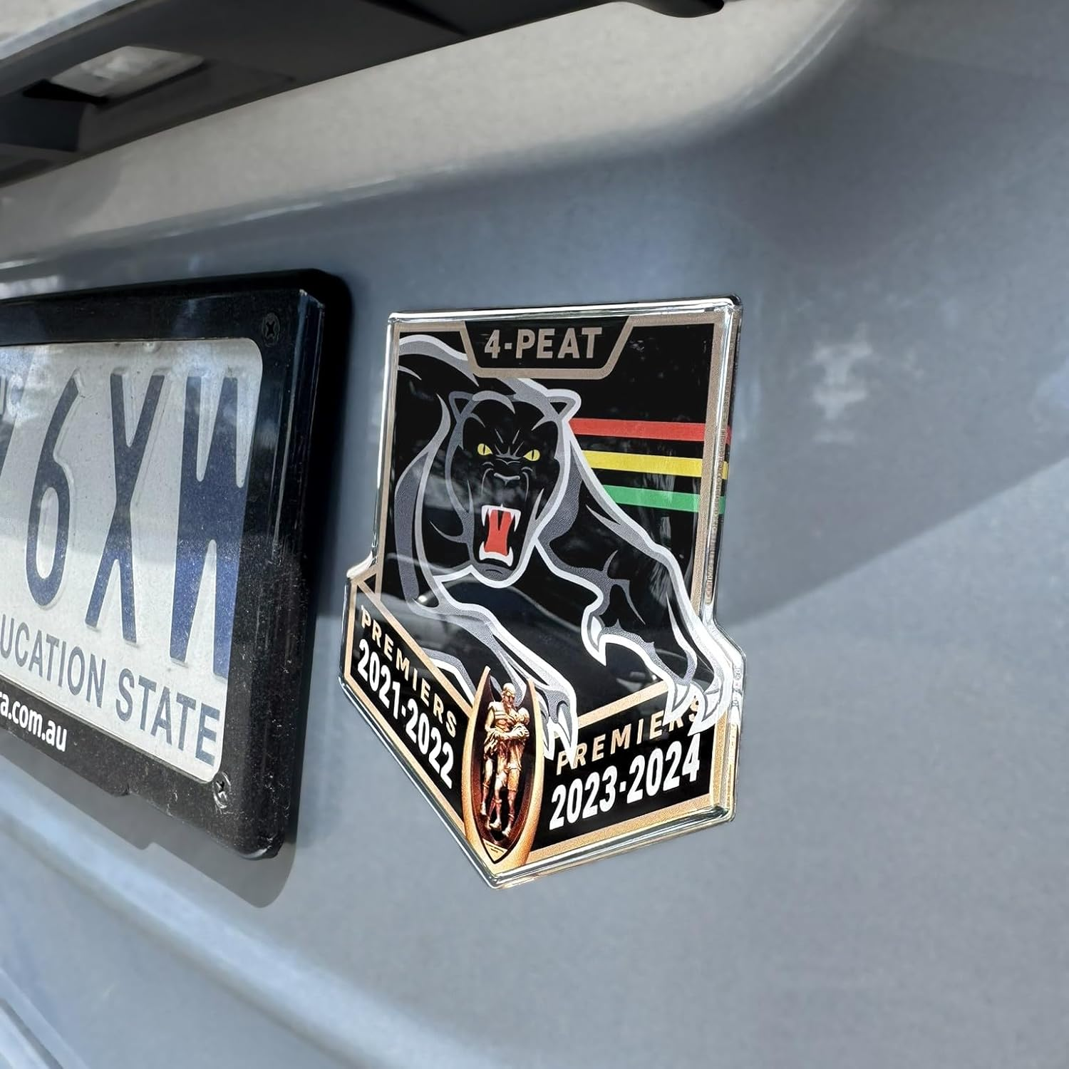 Fan Emblems Panthers Car Decal &bull; Penrith Panthers 4-Peat Logo Clear Resin Coated Chrome Automotive Sticker - Size: 115 X 105 X 2 Mm &bull; Officially Licensed NRL Car Accessories image number 1
