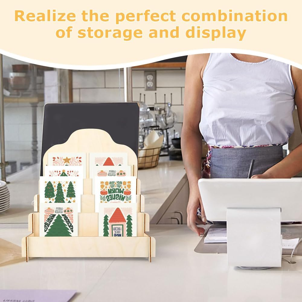 4-Tier Greeting Card Holder with Durable Material, Wooden Card Display Stand, Portable Cardboard Sticker Display Rack, Photo Card Organizer Stand, Suitable for Collector, Pictures, Brochure