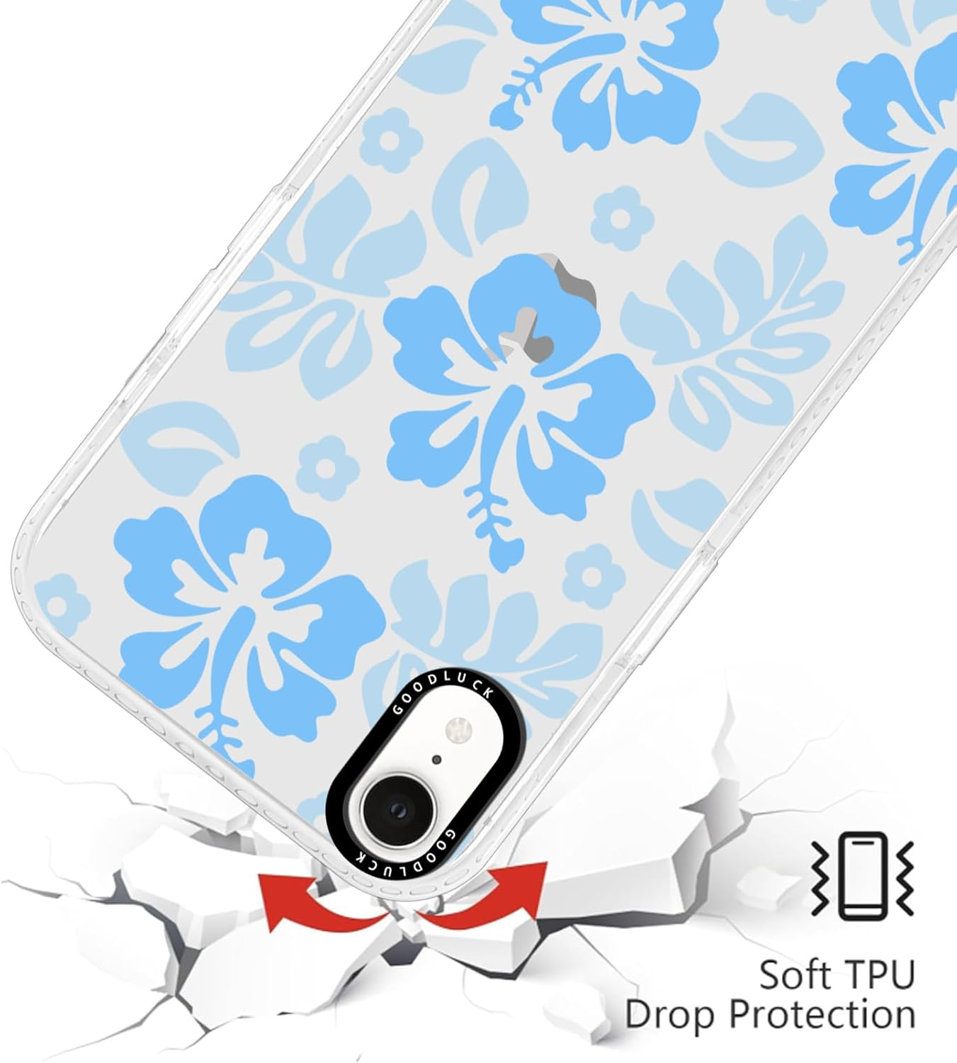 RUMDEY Clear Hibiscus Flower Case for Iphone XR 6.1", Cute Preppy Floral Crystal Pattern Aesthetic Design Soft Slim Anti-Yellow Protective Shockproof TPU Phone Cover for Women Girls - Blue