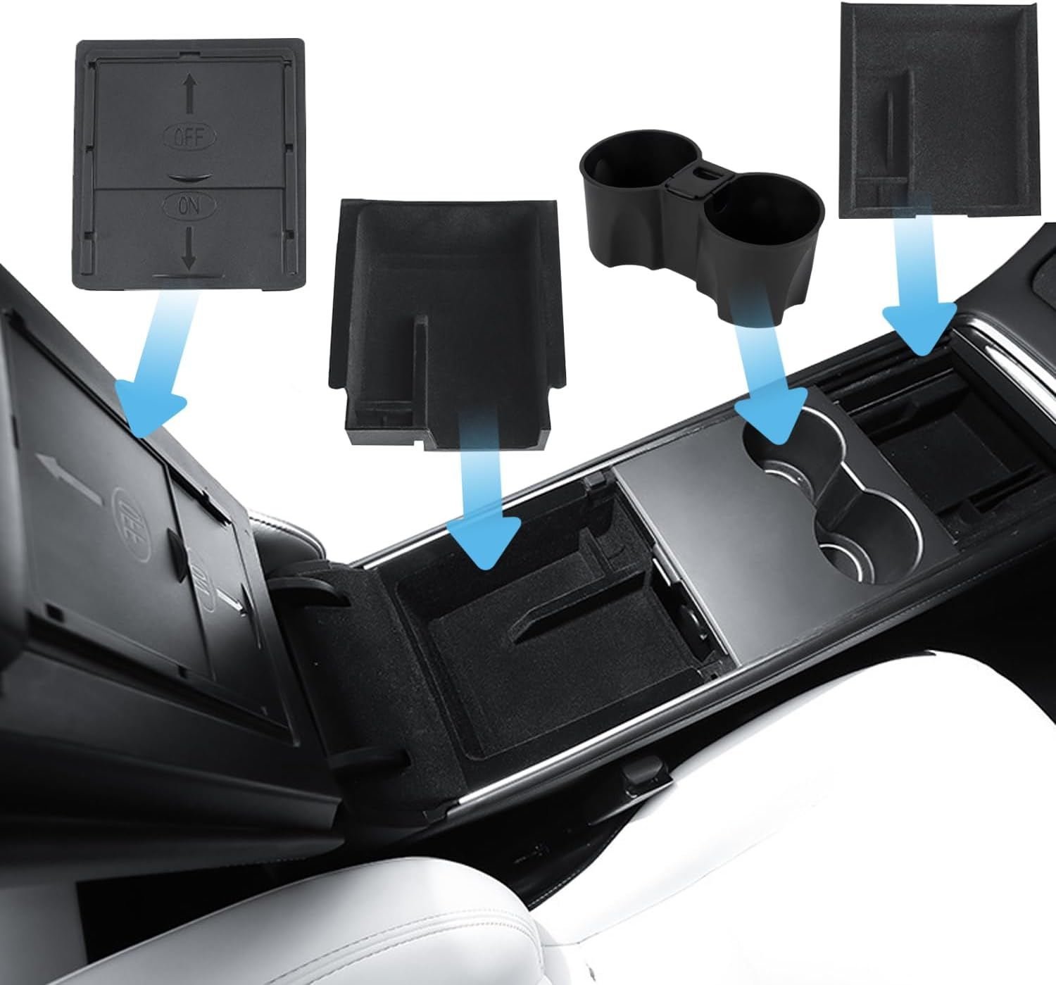 Yotsuba 4-Pack Center Console Organizer Tray Compatible for Tesla Model 3 Model Y Accessories 2021-2025 April, 1PC Armrest Hidden Cubby, 2PCS Flocked Drawer Storage Boxes, 1PC Silicone Cup Holder image number 5