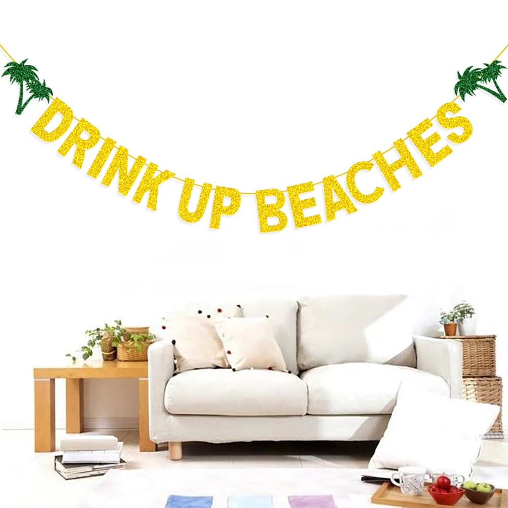 Cabilock Hawaiian Party Banner - Golden Palm Tree Drink up Beaches' Pennant for Summer Gatherings and Beach Themed Events image number 2