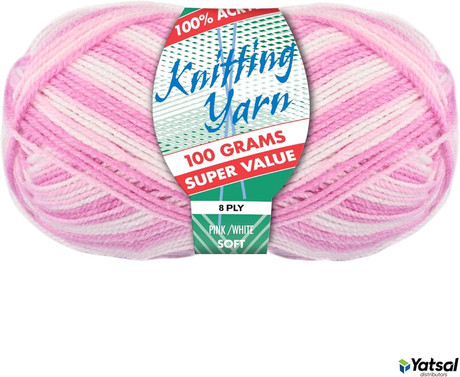 100% Acrylic 8-Ply Knitting Yarn 100 G, Pink/White image number 1