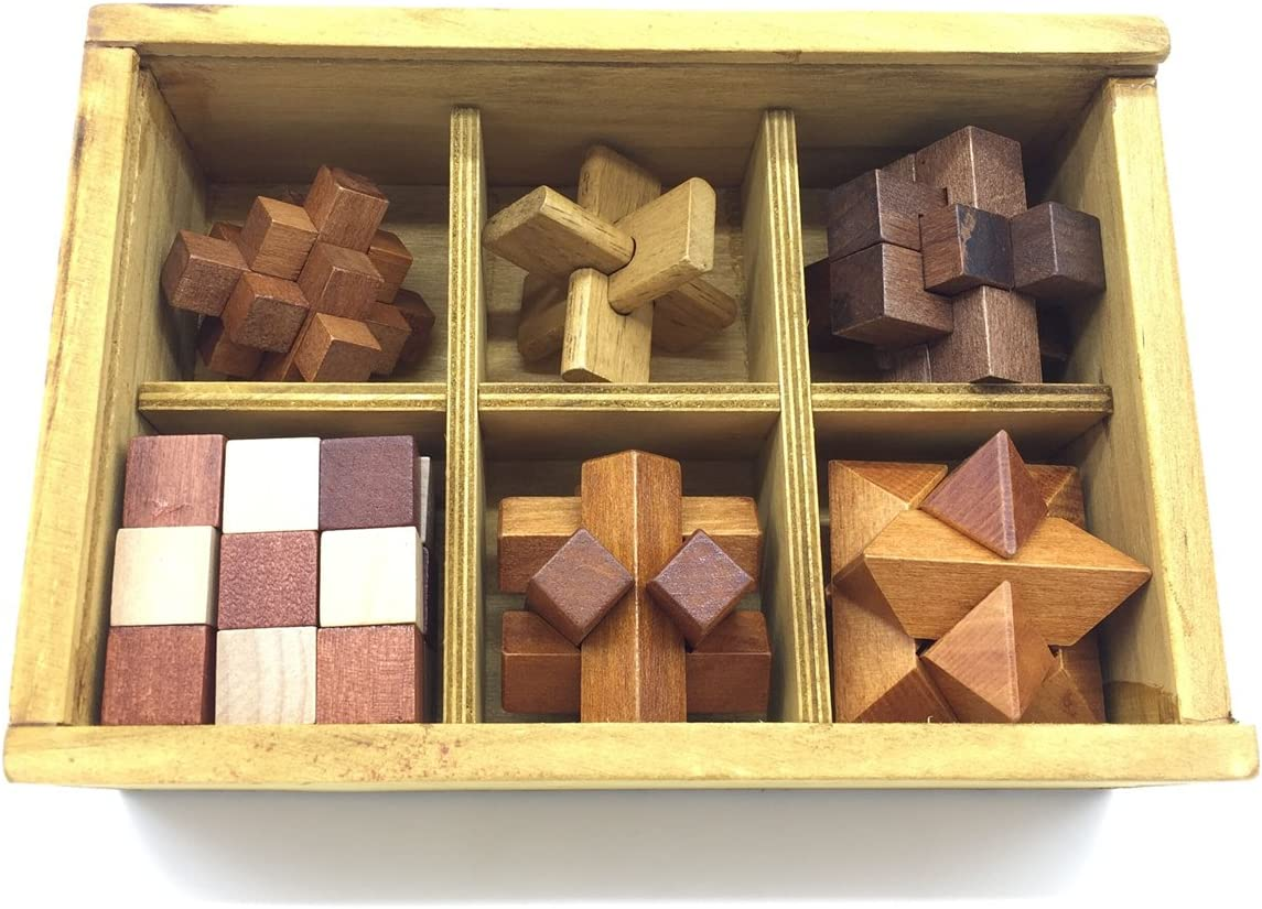 Guaishou 6-In-One 3D Luxury Wooden Brain Puzzle Teaser Kongming Lock for Teens and Adults Includes Storage Box image number 1