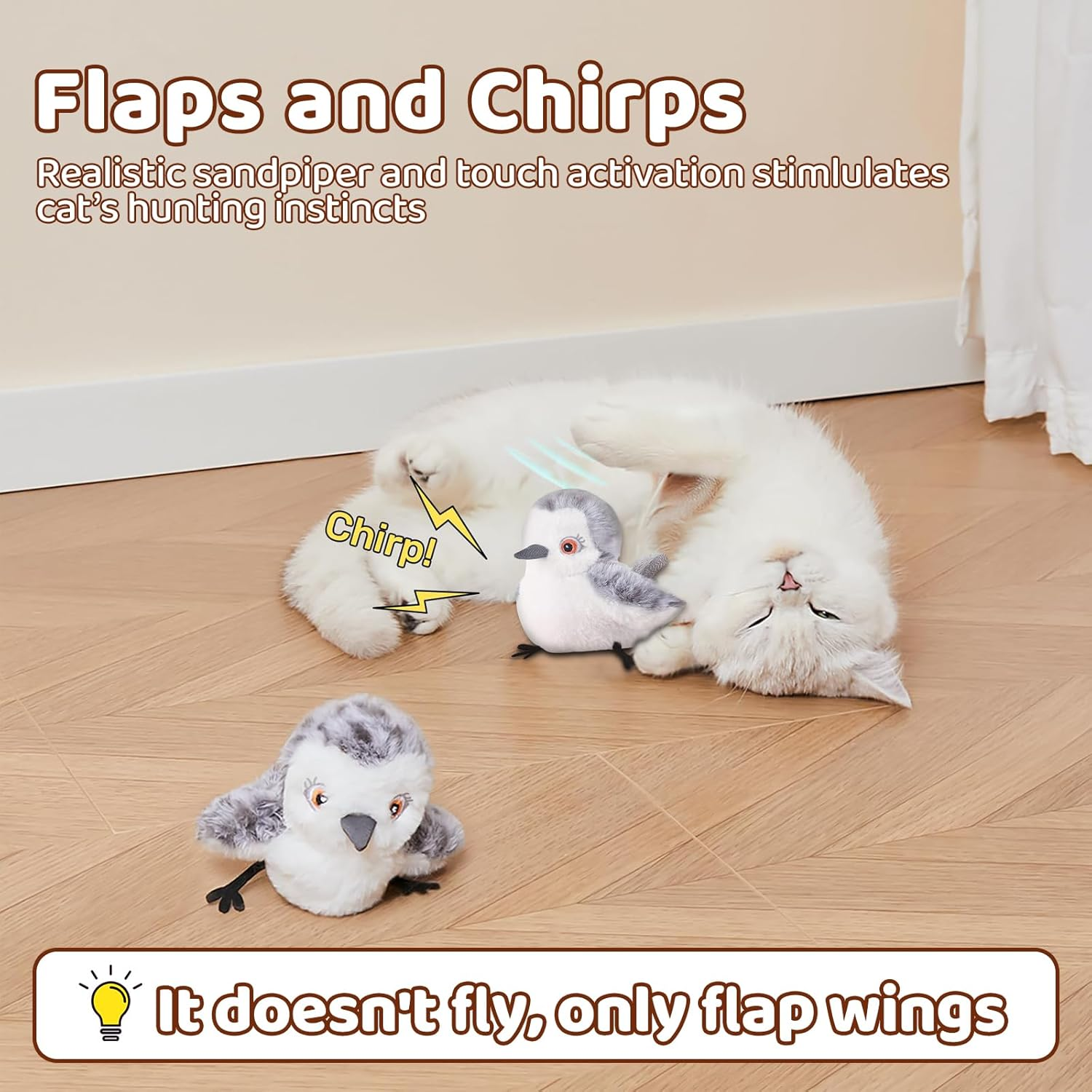 JORAGO Cat Toys - Cats Toy for Indoor Interactive, Flapping Bird, Lifelike Sandpiper Chirp Tweet, Touch Activated, Rechargeable Exercise Chasing Kitten Toy for All Breeds Cat Kicker Catnip Toys image number 5