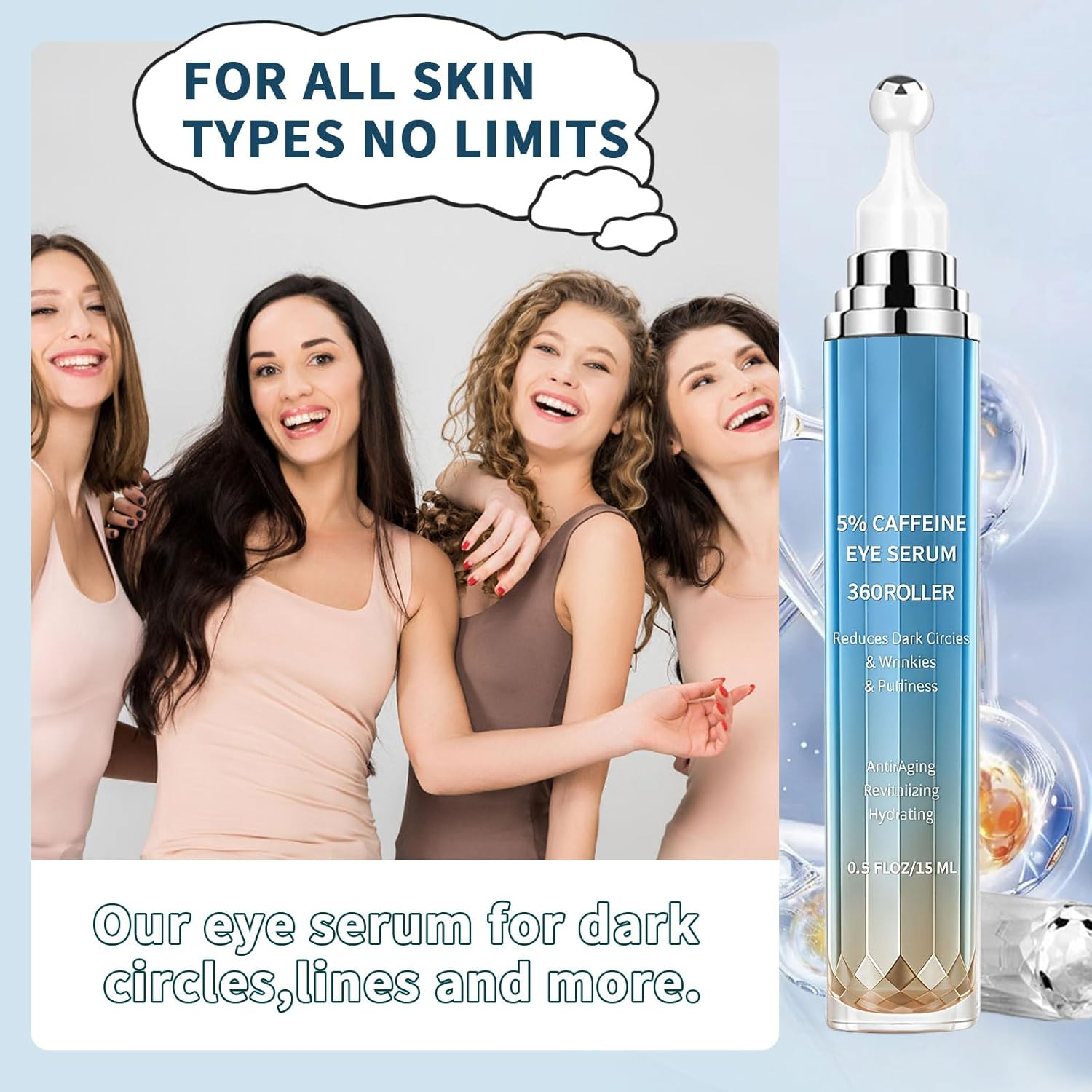 Eye Cream with 5% Caffeine Hyaluronic Acid, Eye Serum with 360&deg; Roller Massage Ball for Puffy, Fine Lines, Dark Circles and Wrinkles, under Eye Treatment Serum for Women & Men (Blue) image number 6