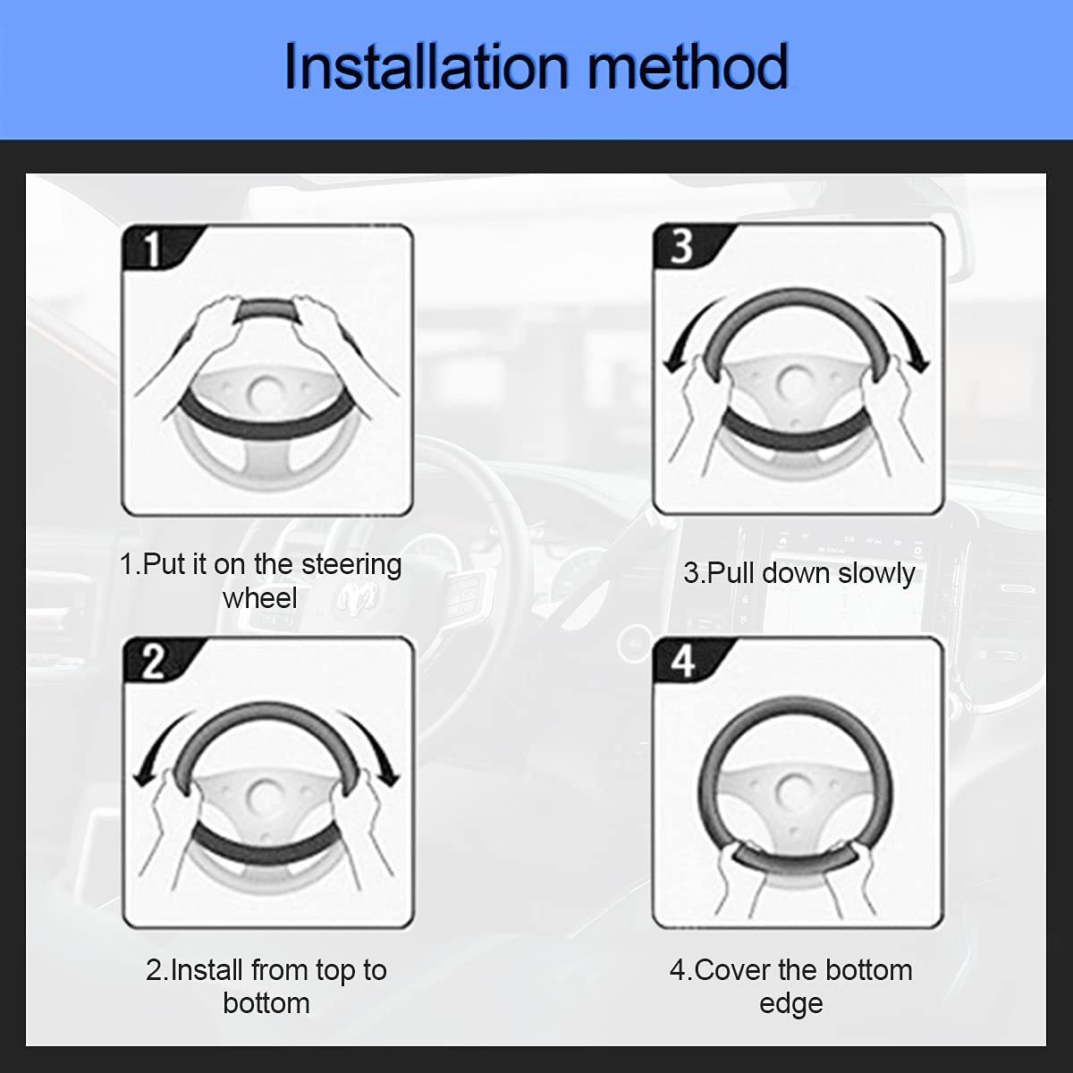 Leather Steering Wheel Cover, Auto Car Stretch Steering Wheel Protector, Universal 15 Inch Anti-Slip Breathable Odorless Steering Wheel Cover for Men Women (Black/Blue) - Black/Blue image number 4