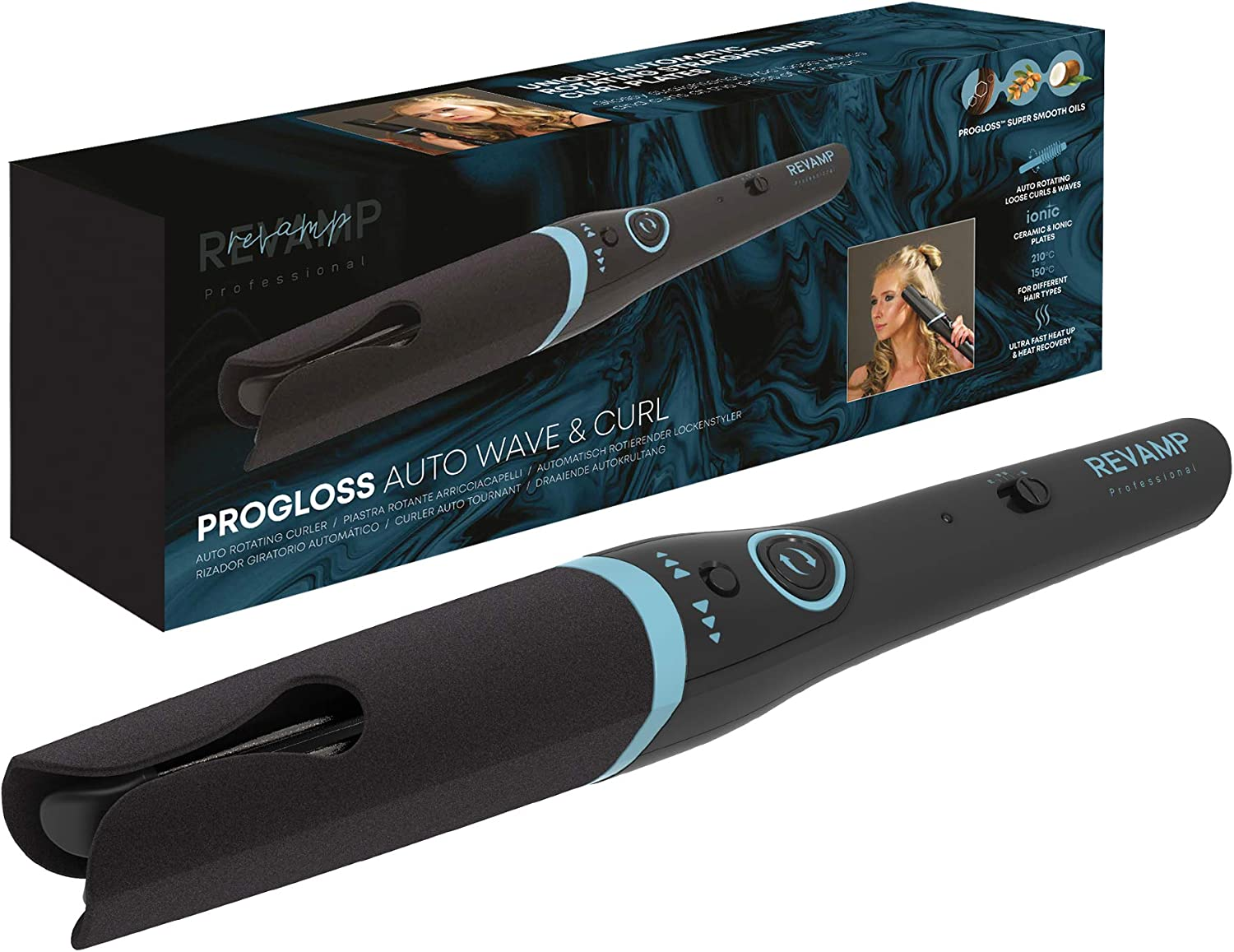 REVAMP Progloss Hollywood Curl - Automatic Rotating Hair Curler, Automatic Curling Iron for Curls & Voluminous Waves, Ceramic Ions with Nourishing Oils, Heat Protection Mat - Amazon Exclusive, White
