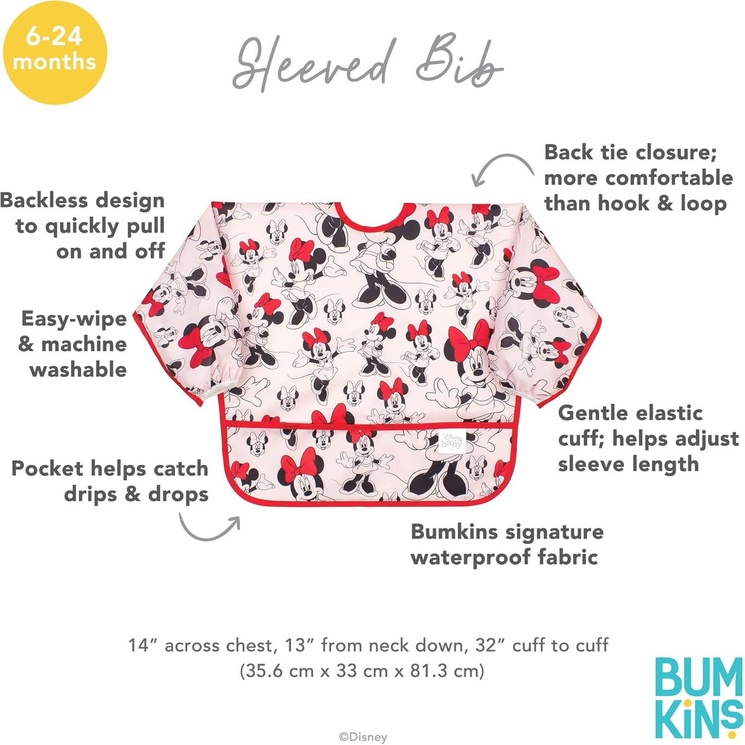 Bumkins Disney Baby Waterproof Sleeved Bib, Minnie Mouse Classic (6-24 Months) image number 2