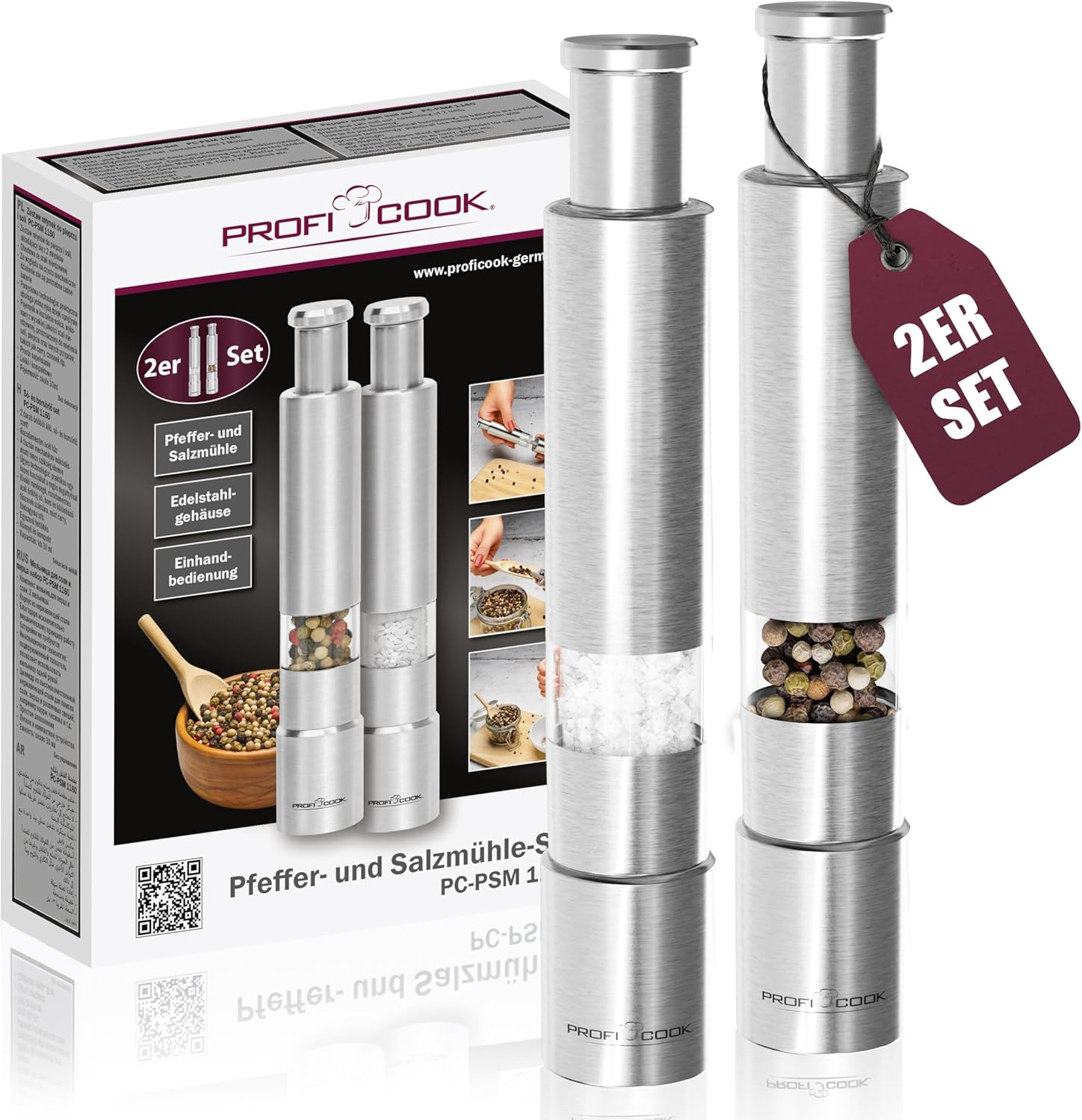 Proficook&reg; Salt and Pepper Shakers, Pepper Mill, Salt and Pepper Mill, Set of 2, Stainless Steel Salt Shaker, Robust Grinder, One-Hand Operation, 100% Mechanical, Spice Mill PC PSM 1160 image number 2