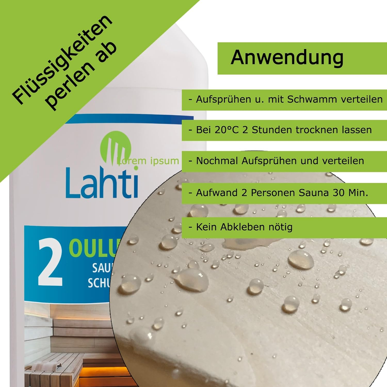 Lahti 2 OULUJ&Auml;RVI - Unique Sauna Wood Protection - Suitable for All Woods - Prevents Water and Sweat Stains - Protects against Dirt (0.5 Litres with Spray Head) image number 6