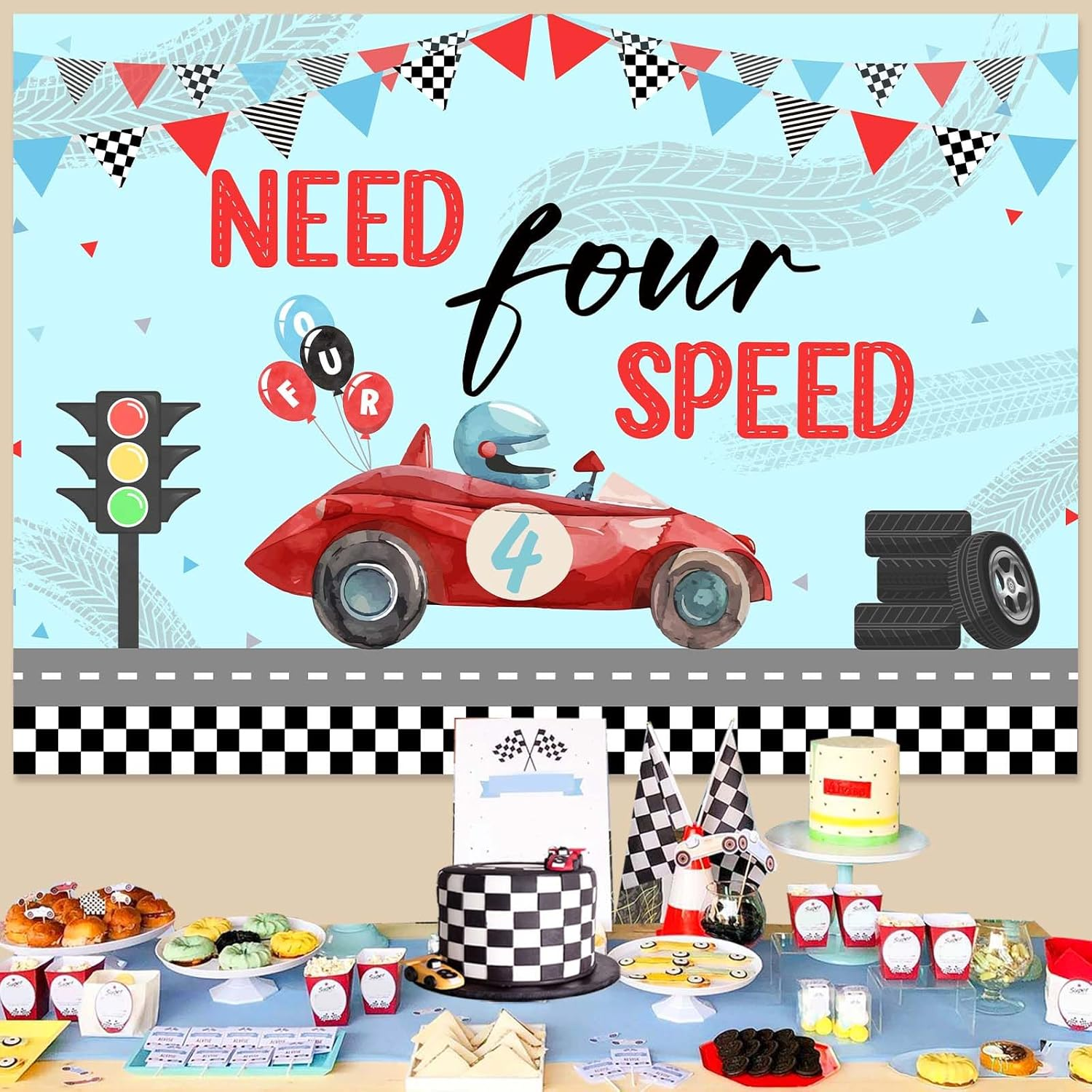 Wonmelody Race Car 4Th Birthday Party Backdrop Need Four Speed Backdrop Banner Race Car 4Th Birthday Decors Red Blue Race Car Vintage Photography Background Supplies for 4Th Boys (7 * 5Ft)
