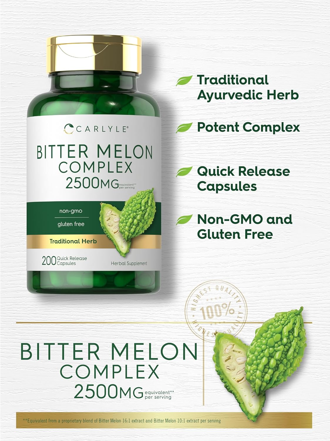 Bitter Melon Capsules | 1000Mg | 200 Count | Non-Gmo & Gluten Free Extract | Complex Supplement | by Carlyle image number 1
