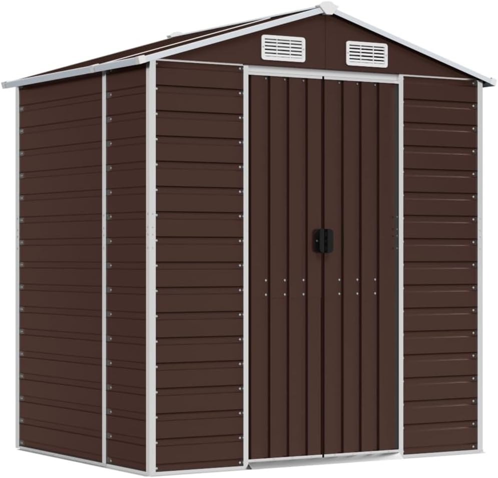 Vidaxl Garden Shed/Outdoor Metal Storage for Firewood and Tools - Brown Galvanised Steel with Ventilation, Door Handles, and Sloping Roof - 191X130X198 Cm image number 2