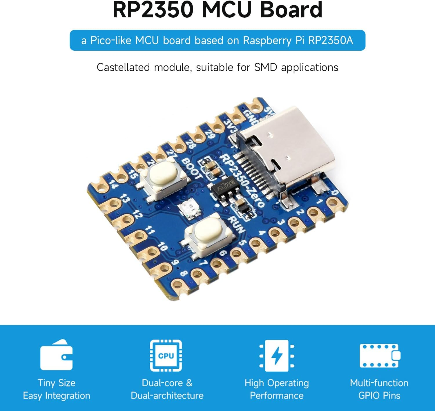 Waveshare Rp2350-Zero Mini Development Board, Raspberry Pi Microcontroller Development Board, Based on Raspberry Pi Dual-Core & Dual-Architecture Microcontroller image number 2