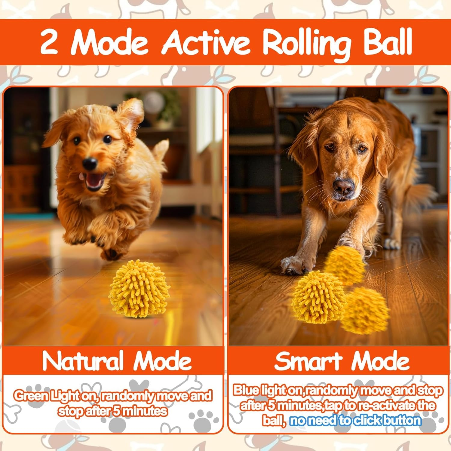 Interactive Dog Toys Ball, Self Rolling Dog Ball with Cover Anti-Chewer for Small/Medium/Large Puppy Pet Toys, Active Rolling Ball for Dogs Enrichment, Motion Activated Toys That Move Its Own Orange