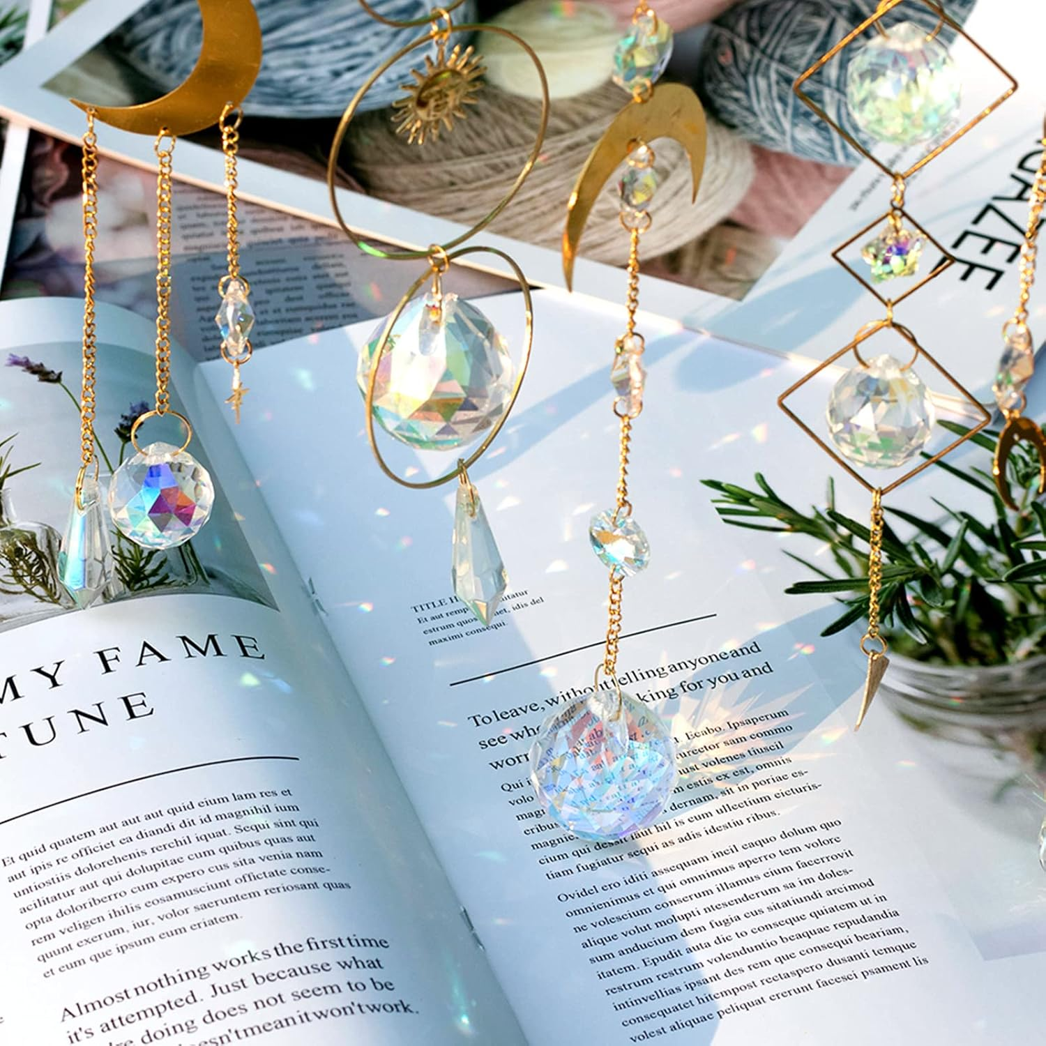 Nuyikaso 5Pcs Suncatcher Crystal Hanging Wind Chimes Rainbow Sun Moon Pendant Sun Catcher Balls for Window Home Garden Christmas Day Party Wedding Decor Gold image number 6