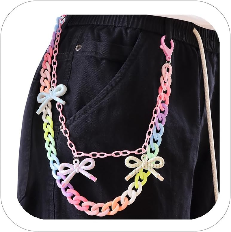 Rainbow Pants Chain Acrylic Bow Trousers Chain Colorful Lovely Layered Punk Jean Belt Chain for Women Bag Wallet Key Chain image number 1