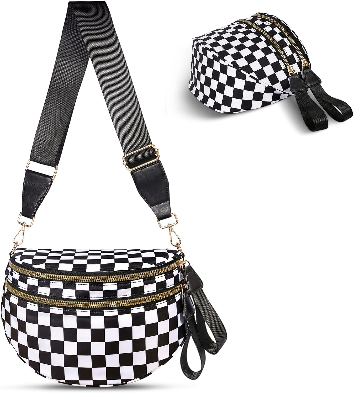 Bum Bag, Sling Bag for Women, Belt Chest Checkered Crossbody Bags, Spacious Nylon Purse Fanny Waist Packs with Shoulder Strap