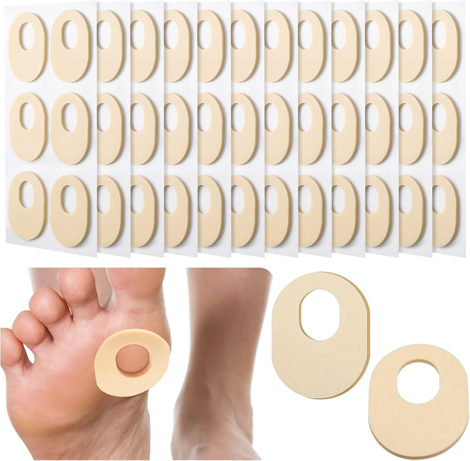 Nuanchu 72 Count Soft Foam Callus Cushions Oval Corn Cushion Self Stick Adhesive Foot Care Pads Waterproof Corn Protectors for Feet Women Men, Beige