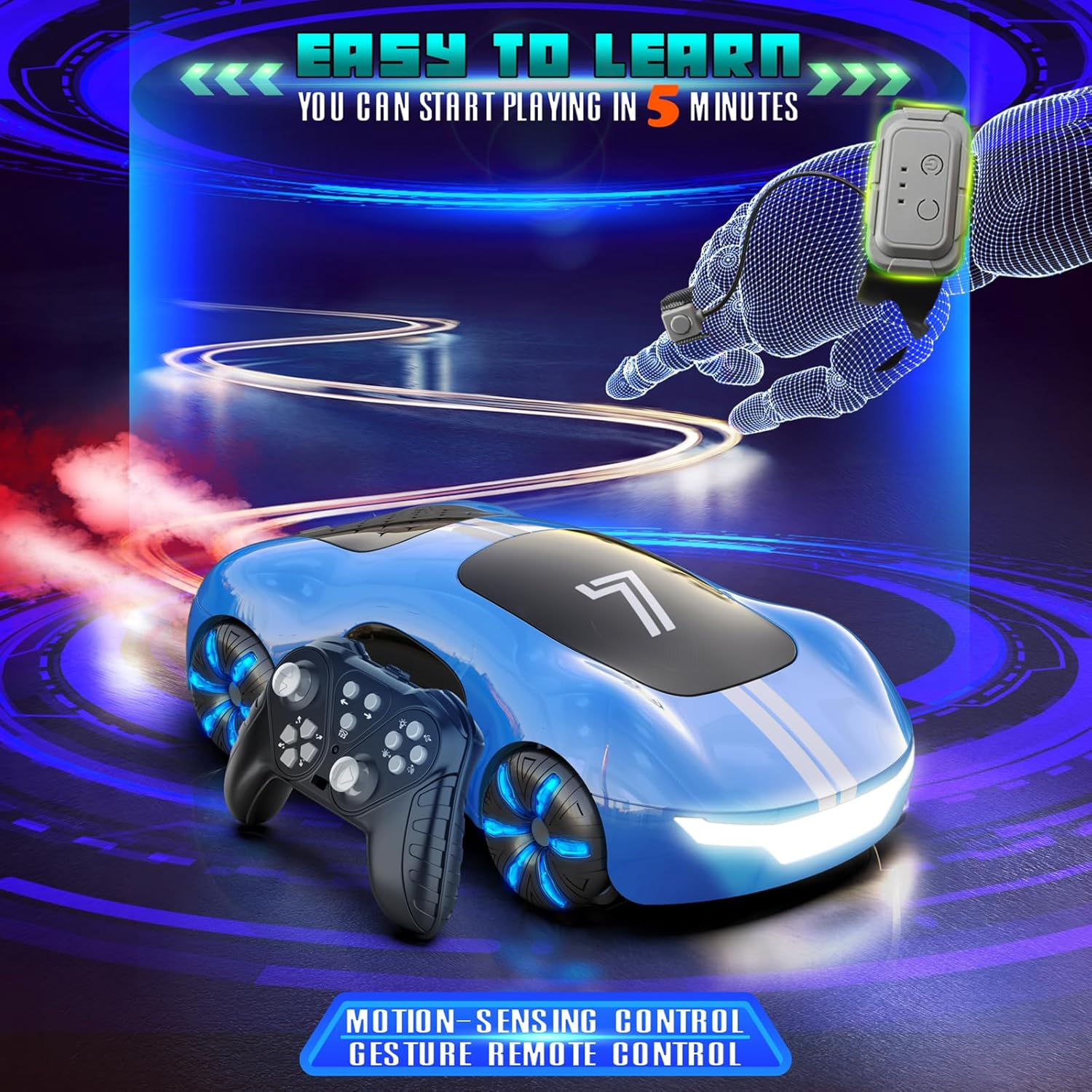 Gesture Sensing Remote Control Car, Drift RC Stunt Car with Light Spray & Sound, 2.4Ghz Hobby RC Cars Toy for Kids, 360&deg; Rotate, Birthday Gifts for Boys Girls 4-12, Blue image number 5