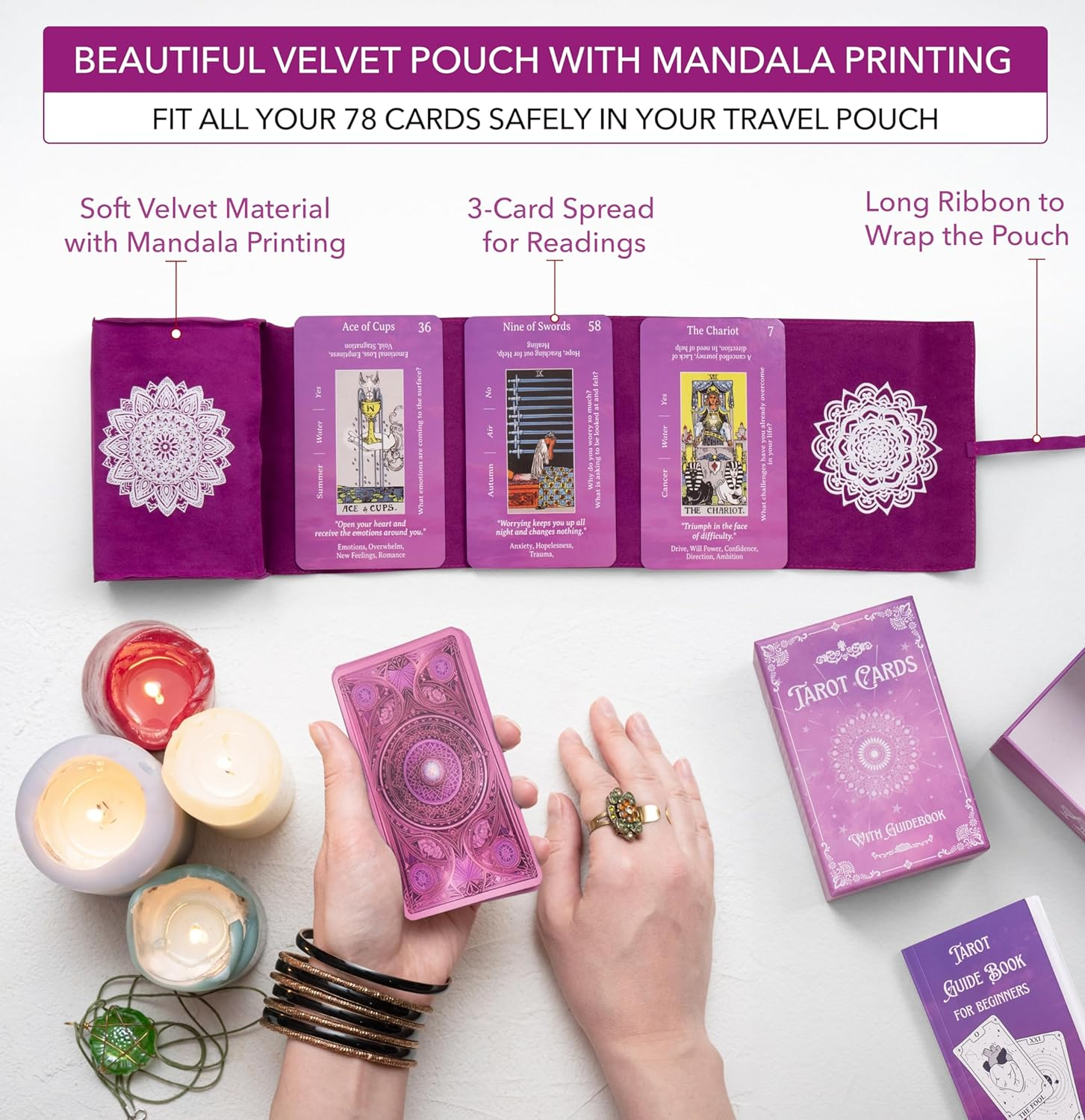 Tarot Cards with Guidebook & Pouch | 78 Cards | Purple & Pink Designs | Perfect for Beginners & Experienced Practitioners image number 3