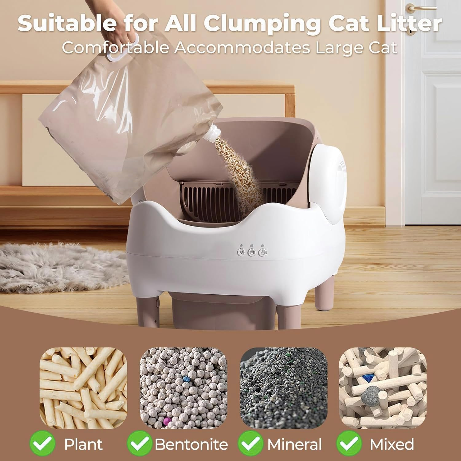 Automatic Cat Litter Box Self-Cleaning Cat Litter Box with Open-Top Design, Included Safety Sensor and 10L Large Waste Bin, with Trash Bags Coffee Brown (White) image number 4