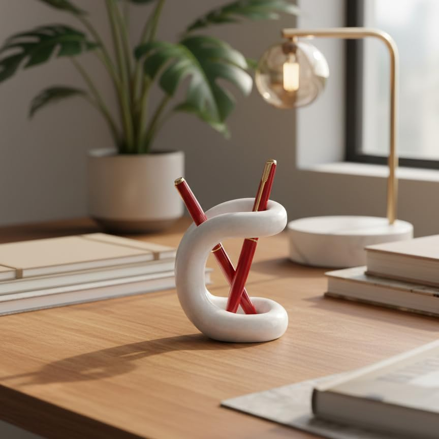 SPESHSTONES Marble Pen Holder for Desk 4 Inch White Pencil Holder for Desk Accessories & Workspace Organizers - Stone Stationary Holders for Office Decor - Pen Organizer for Gifts image number 2