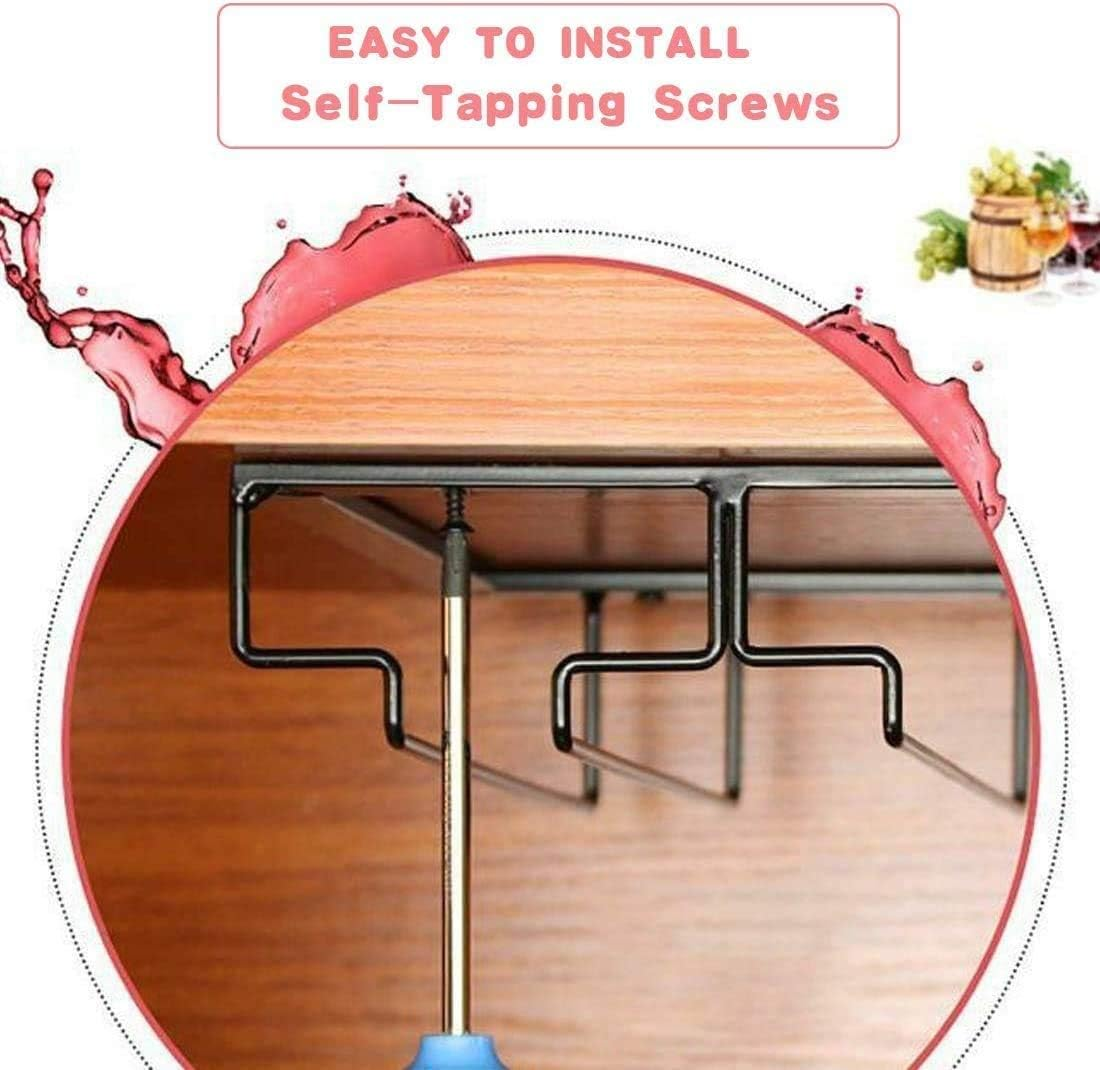 Wine Glass Rack - under Cabinet Stemware Wine Glass Holder Glasses Storage Hanger 2 Pack Metal Organizer for Bar Kitchen 4 Rows Gold image number 1