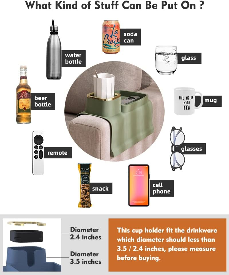 Couch Cup Holder Tray, Elimiko Silicone Anti-Spill and Anti-Slip Couch Drink Holder, Strong and Weighted Phone/Remote/Snacks Sofa Cup Holder, Gifts for Mom, Dad, Husband, Grandma (Purplish Blue)