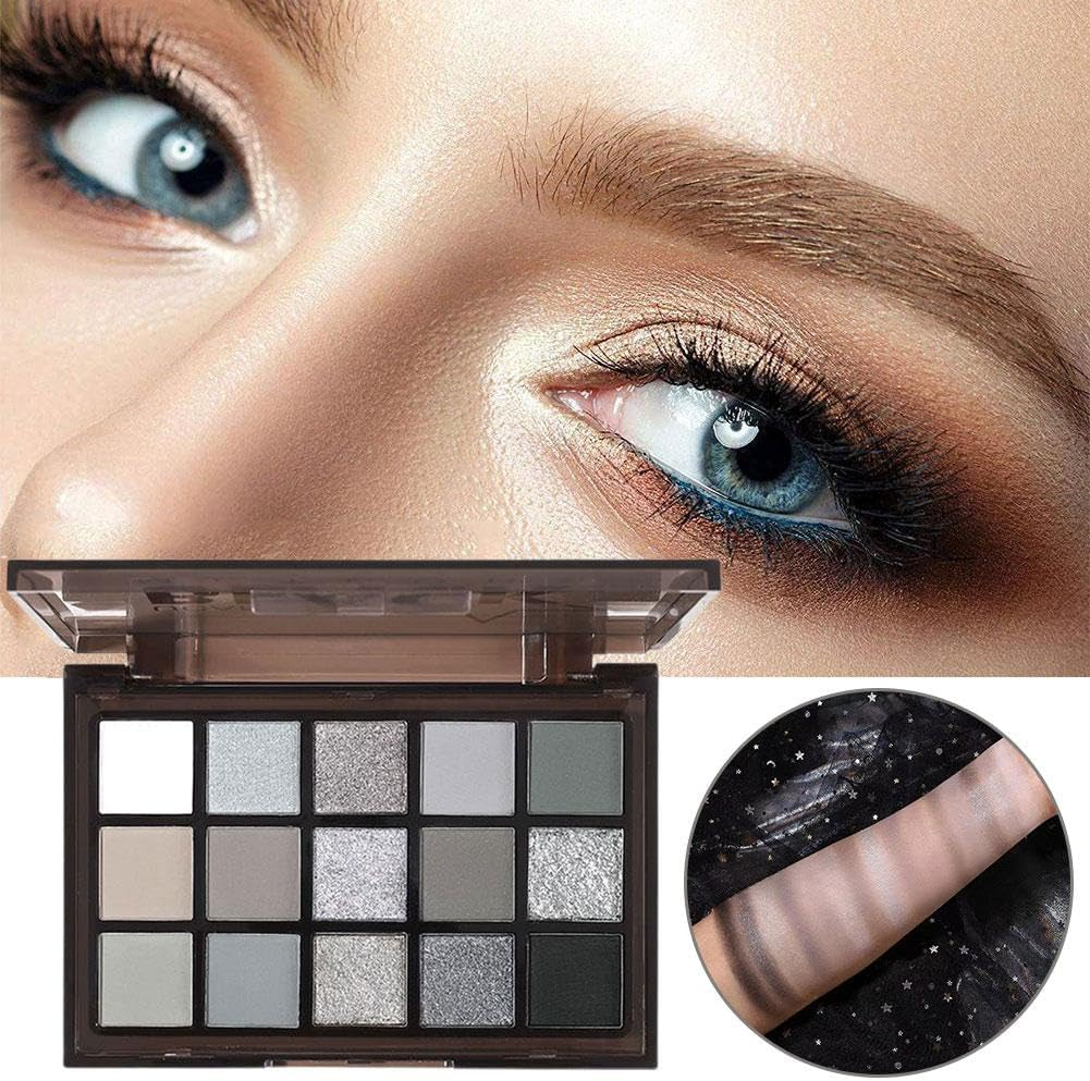 Black Smokey Eye Shadow Palette, 15 Colors Cool Toned, Gray Silver White Matte Glitter Eyeshadow Palette, Pressed Shimmer Pigmented Eyeshadow image number 2