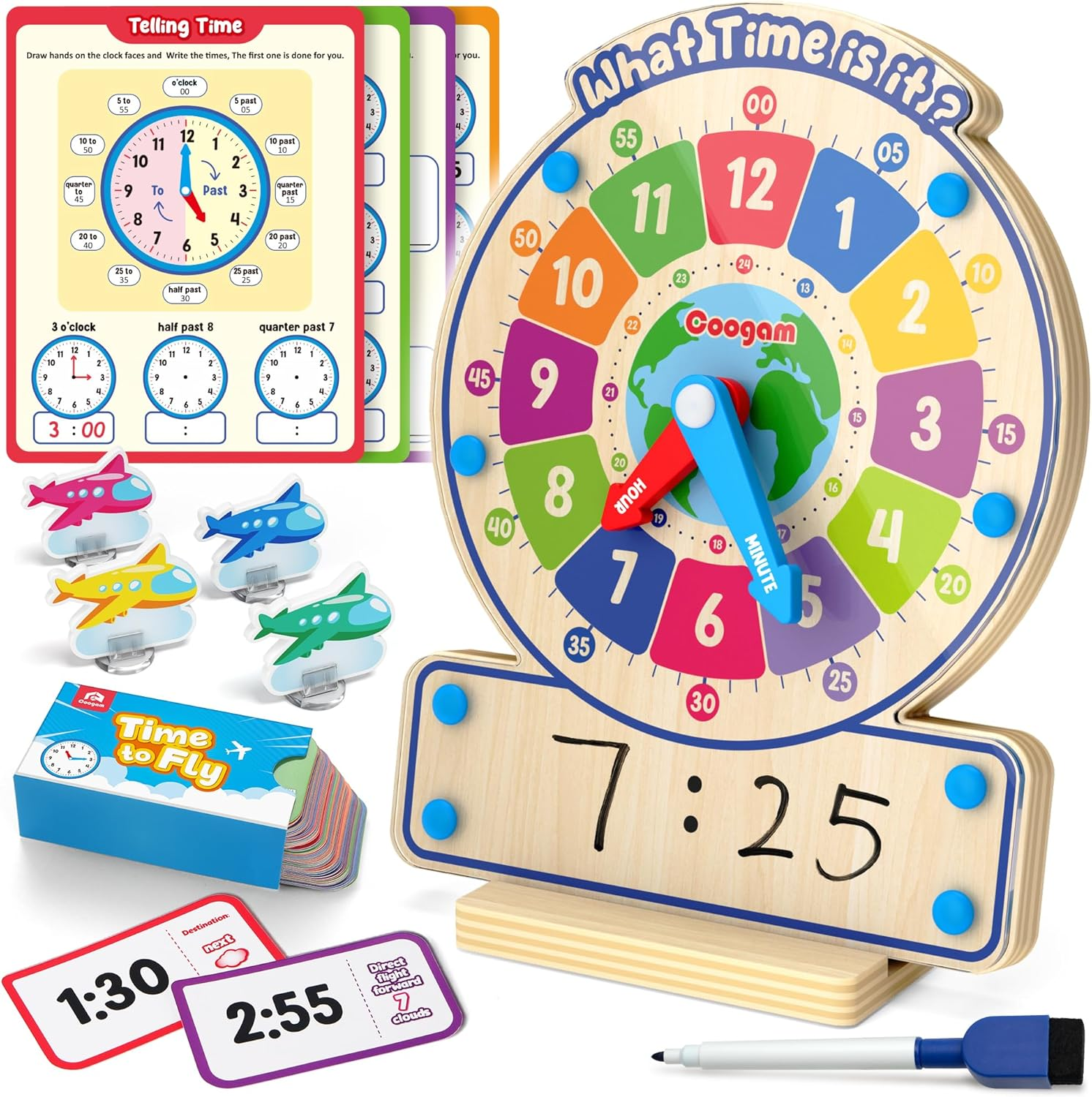 Coogam Wooden Clock Teaching Time Toy, Analog Digital Clock with Fly-Telling Time Board Game, Montessori Time Learning Educational Toy for 3 4 5 Year Old Homeschool Classroom Kids image number 3