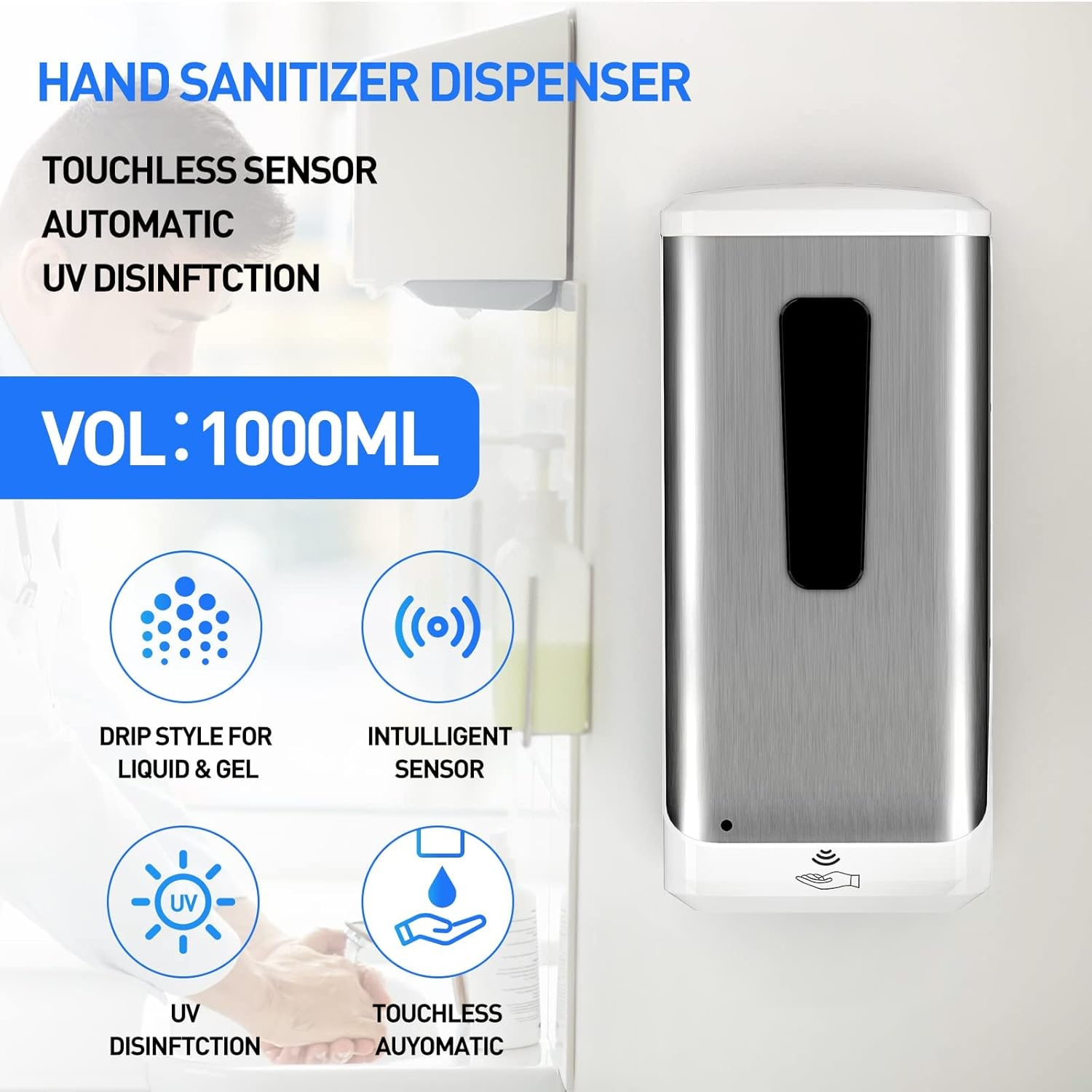 Jewaytec Automatic Hand Sanitizer Dispenser, 1000ML Wall Mounted Stainless Design Soap Dispenser Touchless Battery Powered Auto Liquid Dispenser for Office, Home, Restaurant, and Healthcare Facilities image number 2