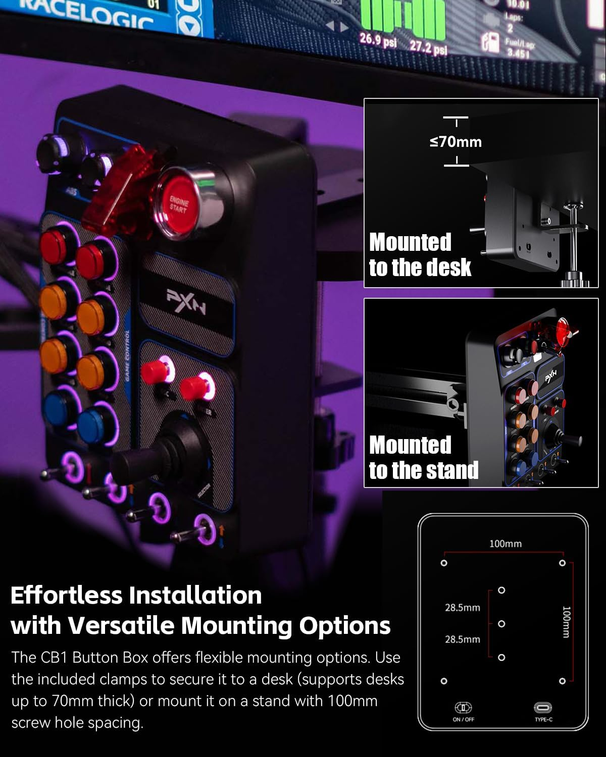 PXN CB1 Button Box - Steering Wheel Side Panel, Auxiliary ETS2 Controller - PC Only | 19 Sim Buttons & Switches, RGB Lighting, Adjustable Clamp | for Racing, Truck, Flight & Farm Simulator Games image number 6