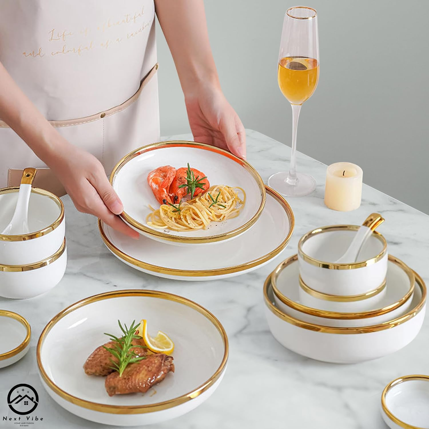 Next Vibe - Home Porcelain Chip and Scratch Resistant Dinnerware Set, Service for 4 Pepole (18Pcs) with Brown Box, Plates and Bowls Dishes Sets White image number 4