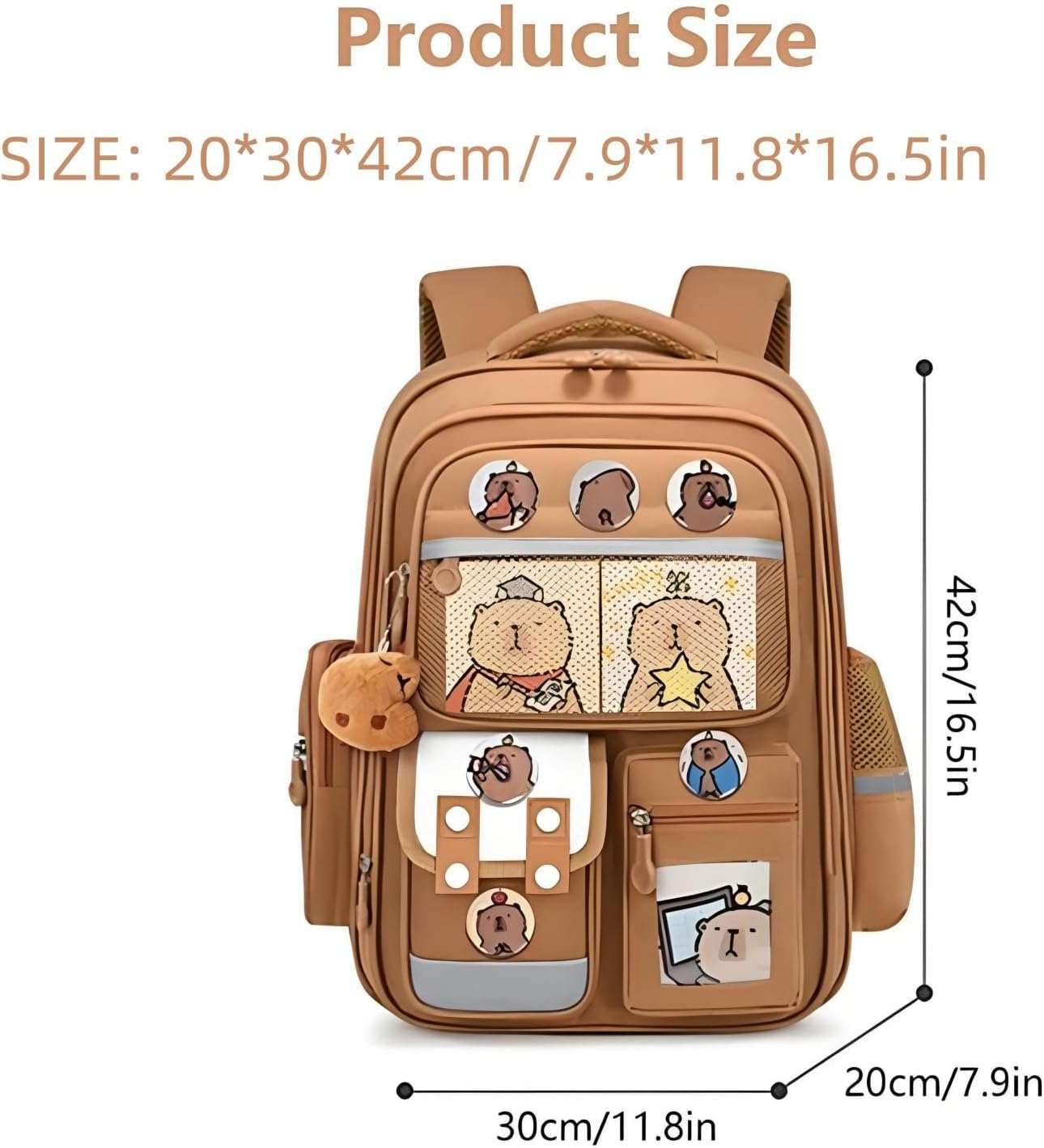Mochila Capybara Backpack for School Kindergarten Kids Cute Cartoon Large Size Travel Book Bag with Suppes Stationery Set 1 Pencil Case Three Cards 6 Badges and 1 Plush Pendant Brown Schoolpack