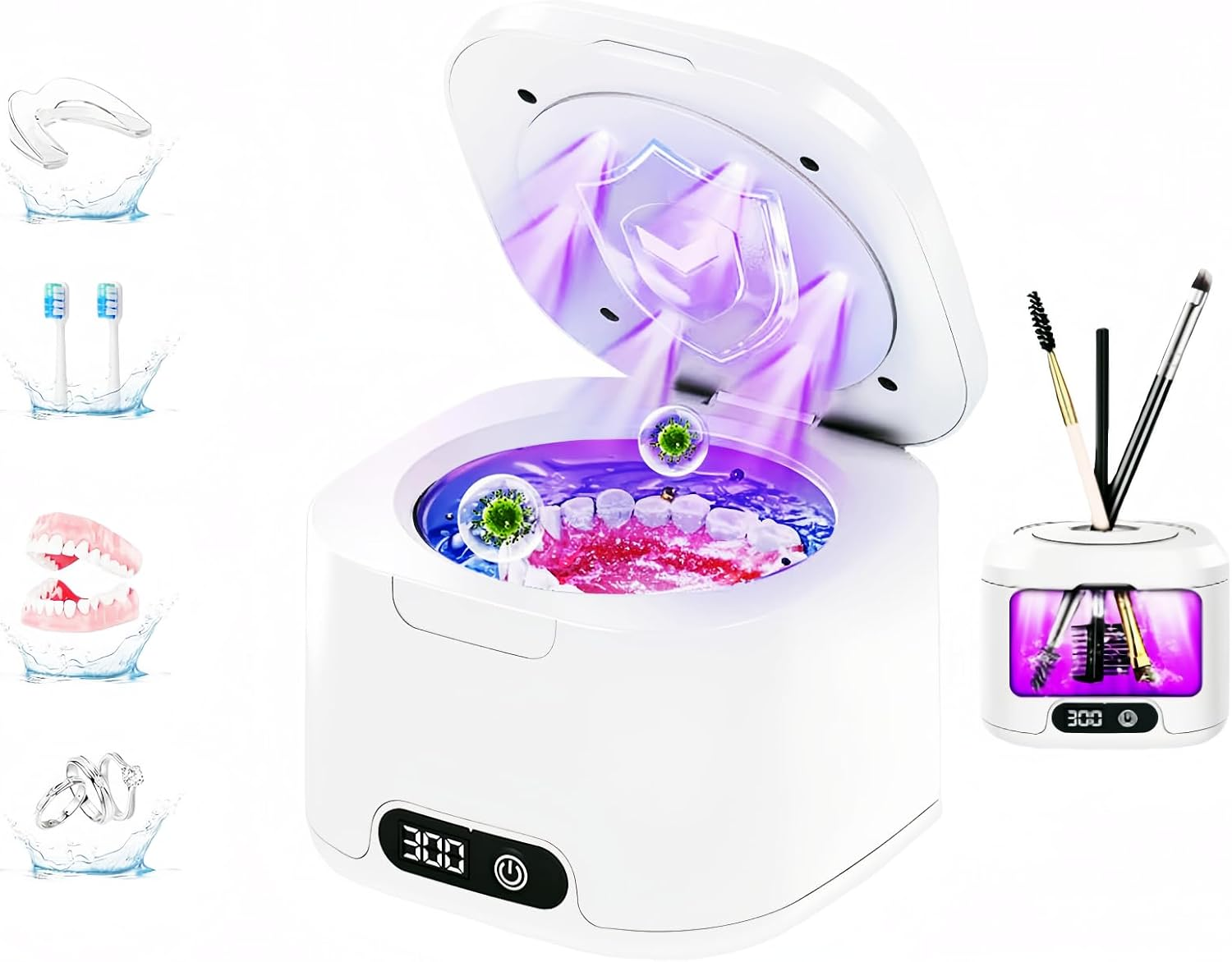 Ultrasonic Retainer Cleaner Machine, 49Khz Portable Dental Retainer Cleaner Pod for Dentures, Mouth Guards, Braces, Toothbrush Heads, Jewelry, 340ML Jewelry Cleaner Deep Cleaning, 4 Modes with Digital Timer image number 2