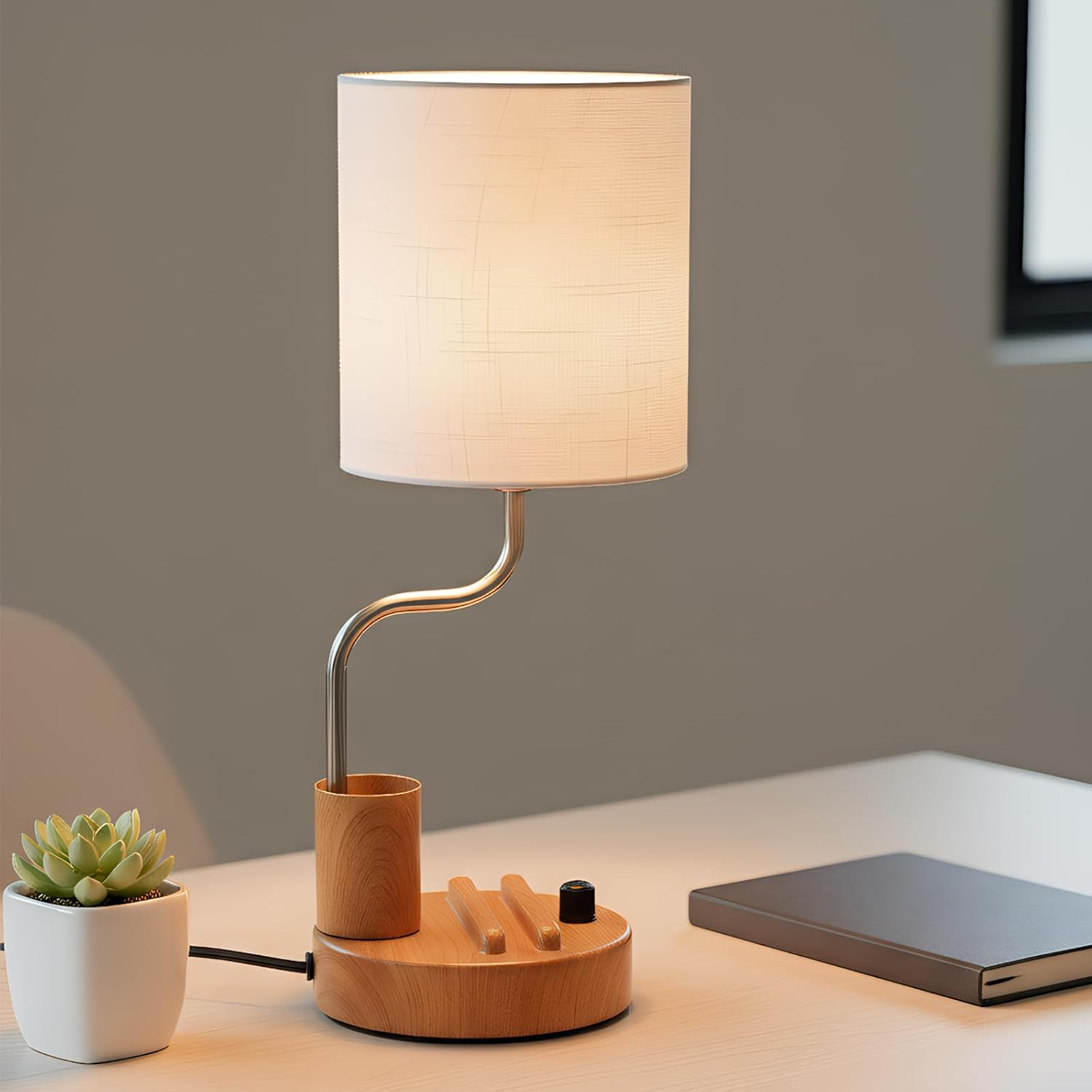 OUTON Bedside Table Lamps &ndash; Stepless Dimmable Nightstand Light with Linen Shade, USB-A & USB-C Ports, Phone Stand & Pen Holder, 2700K Warm LED Bulb Included, for Bedroom, Dorm, Office, Wood