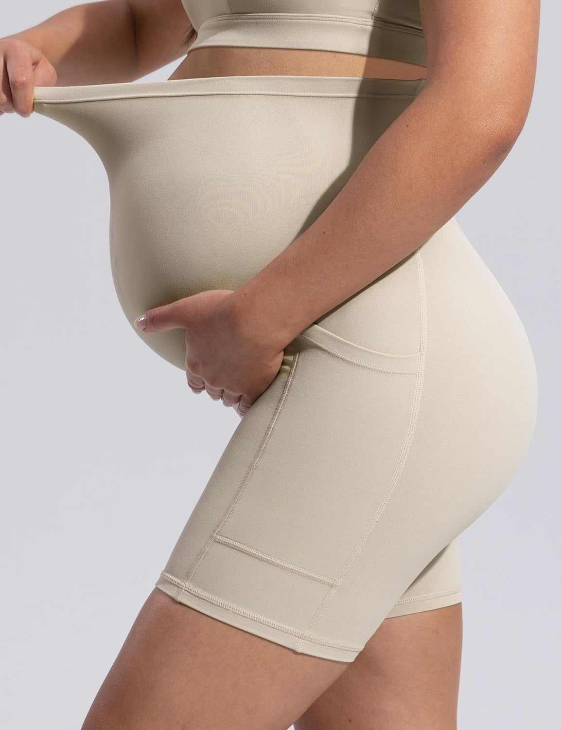 POSHDIVAH Women'S Creamluxe Maternity Biker Shorts over the Belly with Pockets - 6"/8" Summer Pregnancy Yoga Workout Short image number 1
