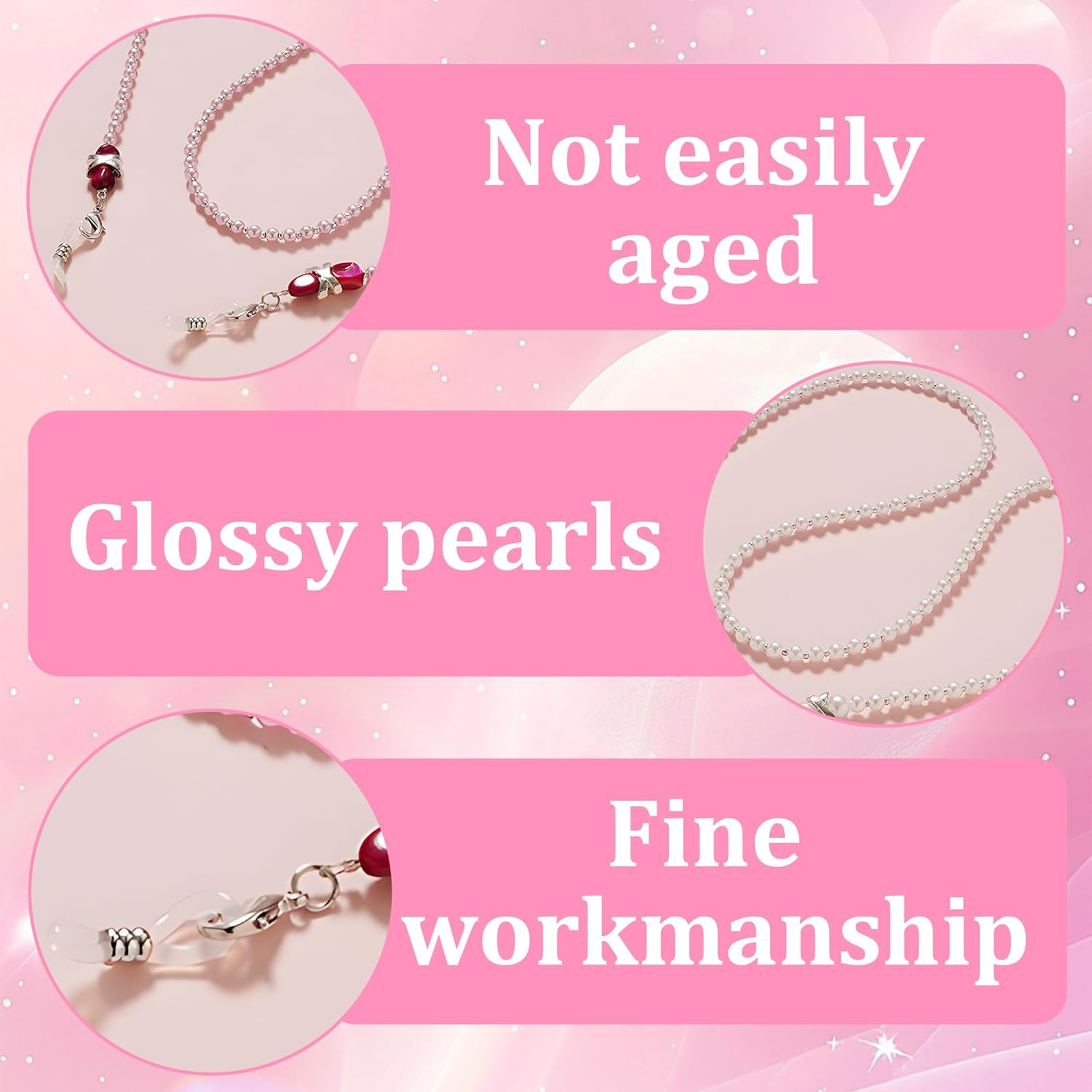 2 Pcs Pearl Glasses Chain, Premium Adjustable Anti-Slip Glasses Strap & Sunglasses Strap for Women Girls, Perfect for Reading, Travel, and Outdoor Activities image number 2