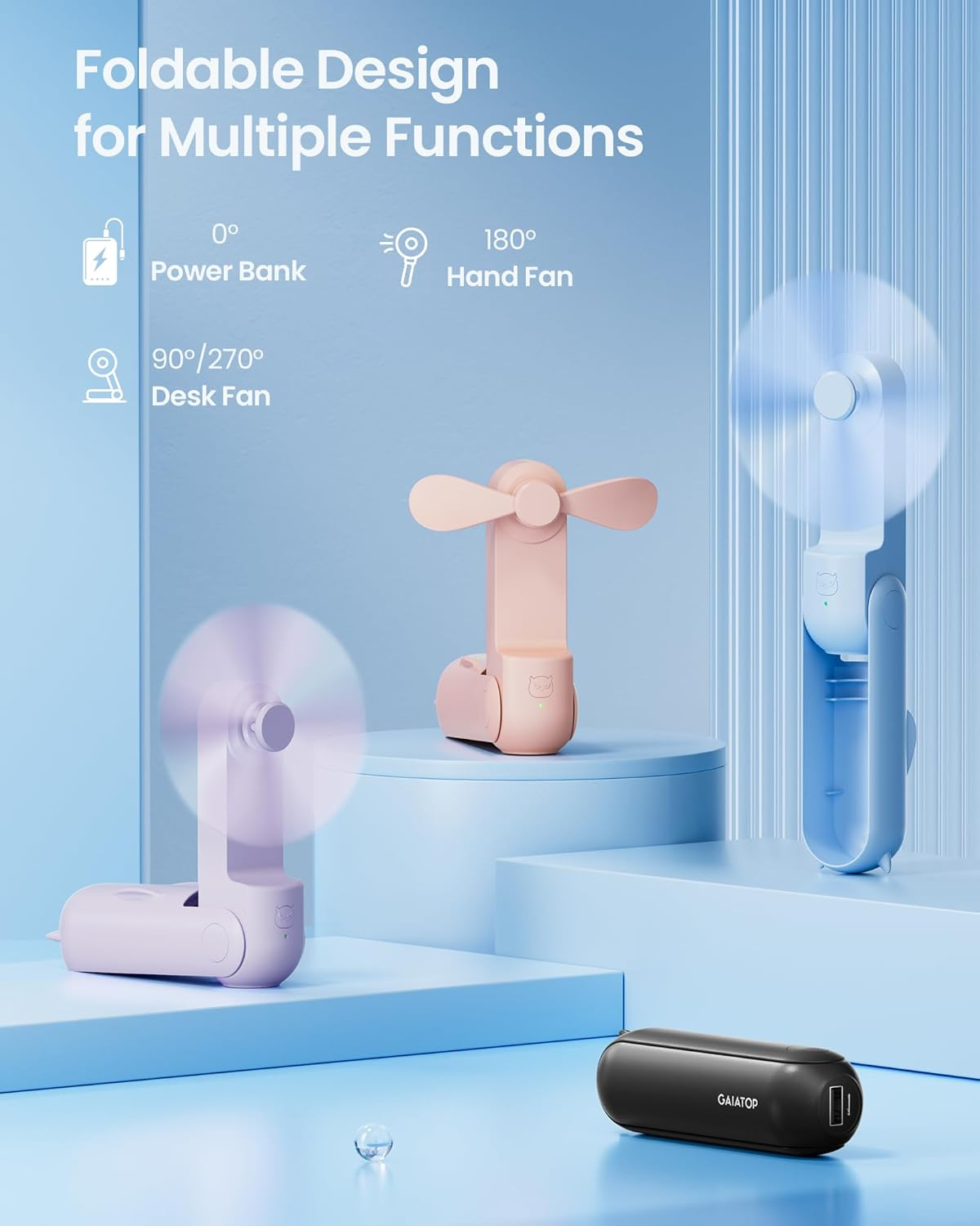 GAIATOP Portable Handheld Fan, 3 in 1 Mini Foldable Travel Fans [17H Max Cooling Time] with Power Bank, Pocket Design USB Rechargeable for Travel Concert Lash Makeup, Summer Gifts for Women Girl, Pink image number 3