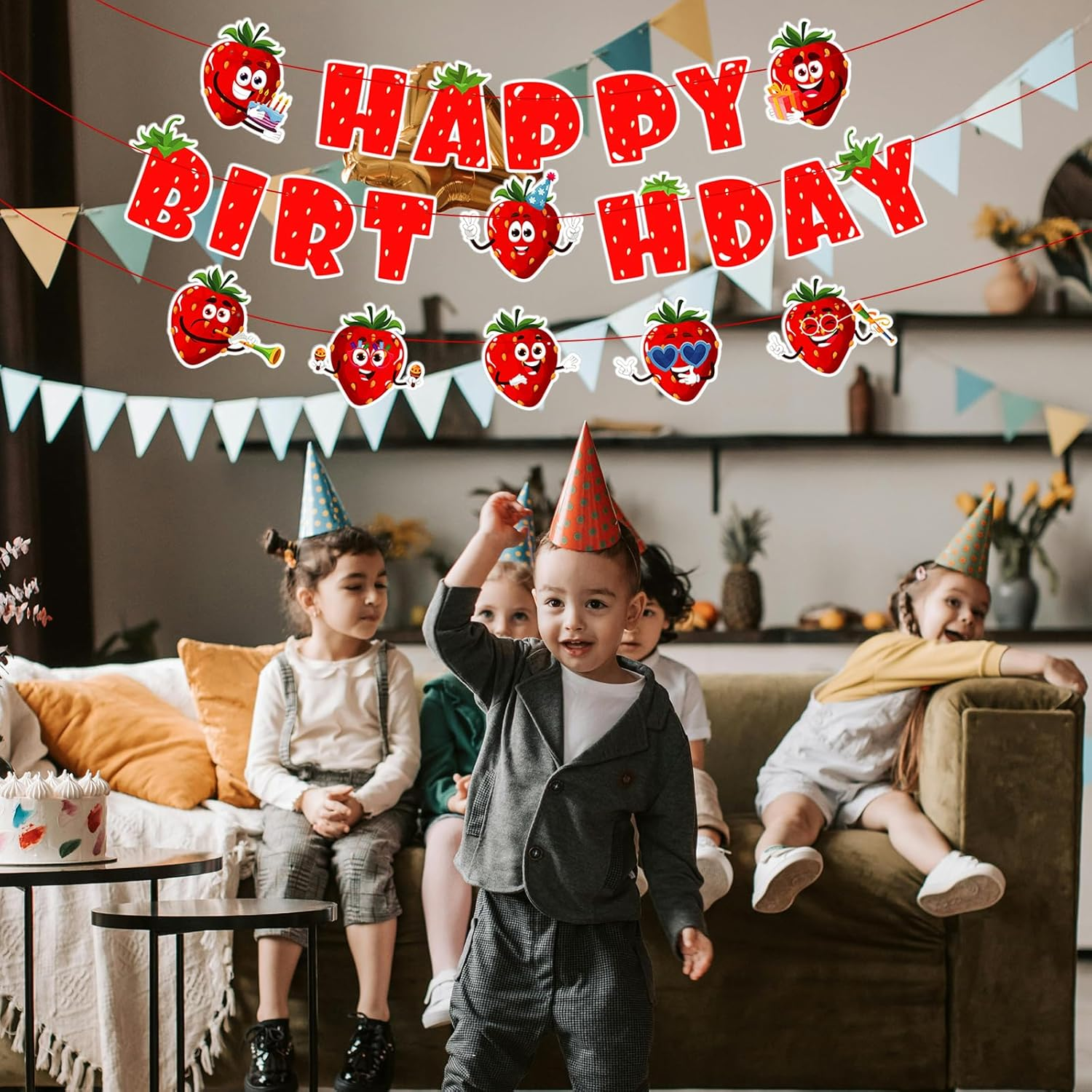 Strawberry Happy Birthday Banner, Red Strawberry Themed Party Banner Reliable Strawberry Hanging Banner Happy Birthday Backdrop for Sweet Girls Party Decoration Supplies