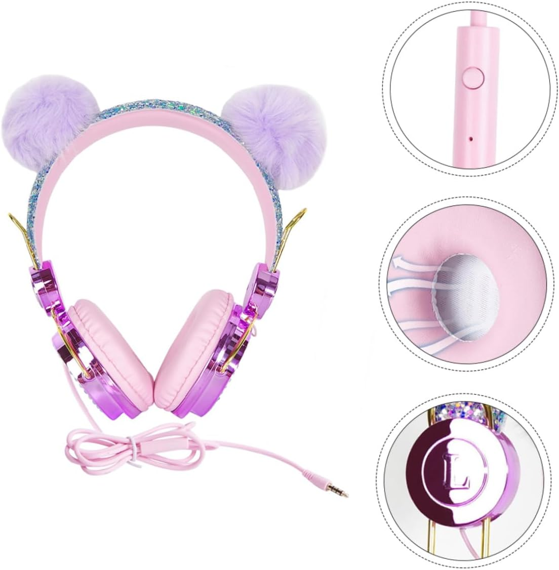 Kisangel Adjustable over Ear Headphones with Glitter Rhinestones and Fuzzy Ball Decor for Boys and Wired Headset Compatible with Laptop Tablet Smartphone Material for Travel Random Color image number 6
